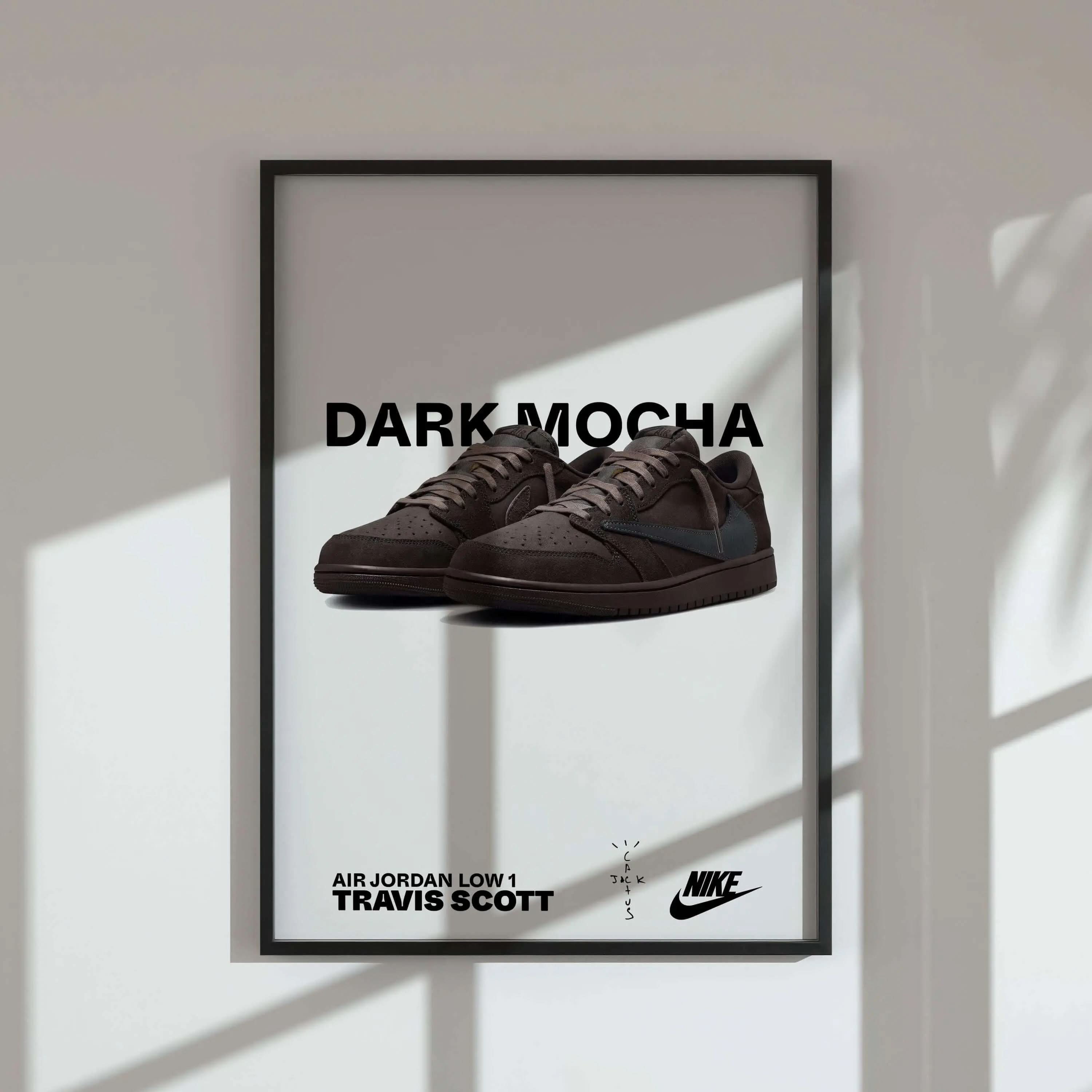 Dark Mocha Air Jordan Low 1 sneaker art digital wall print in black frame, modern living room decor, Haus of Prints Sneaker Poster Set of 3.