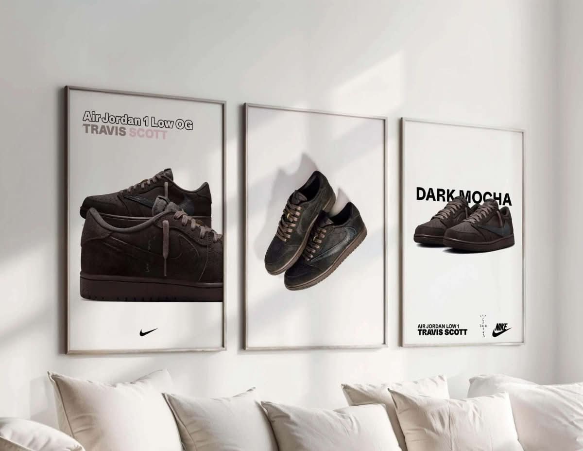 Sneaker Poster Set of 3 Digital Downloads featuring Air Jordan Travis Scott designs in black framed digital wall art for living room — Haus of Prints