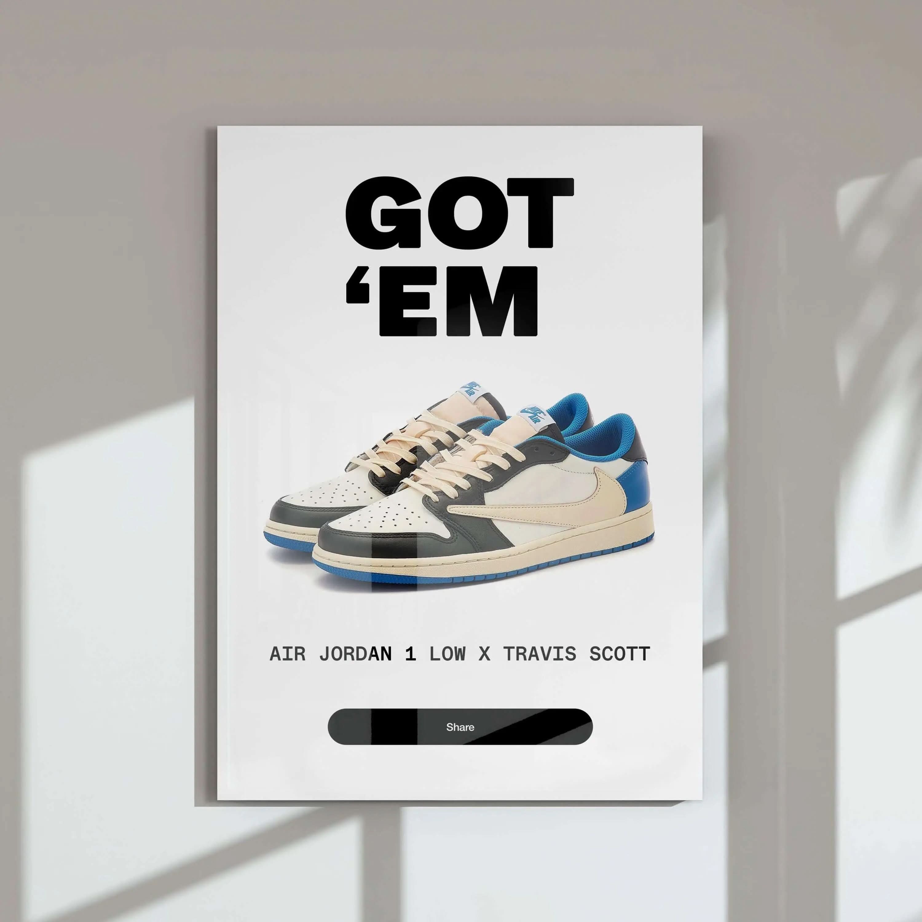 Sneakerhead Printable Poster Set of 3 featuring Air Jordan Travis Scott sneaker art in modern living room, digital wall art by HAUS OF PRINTS