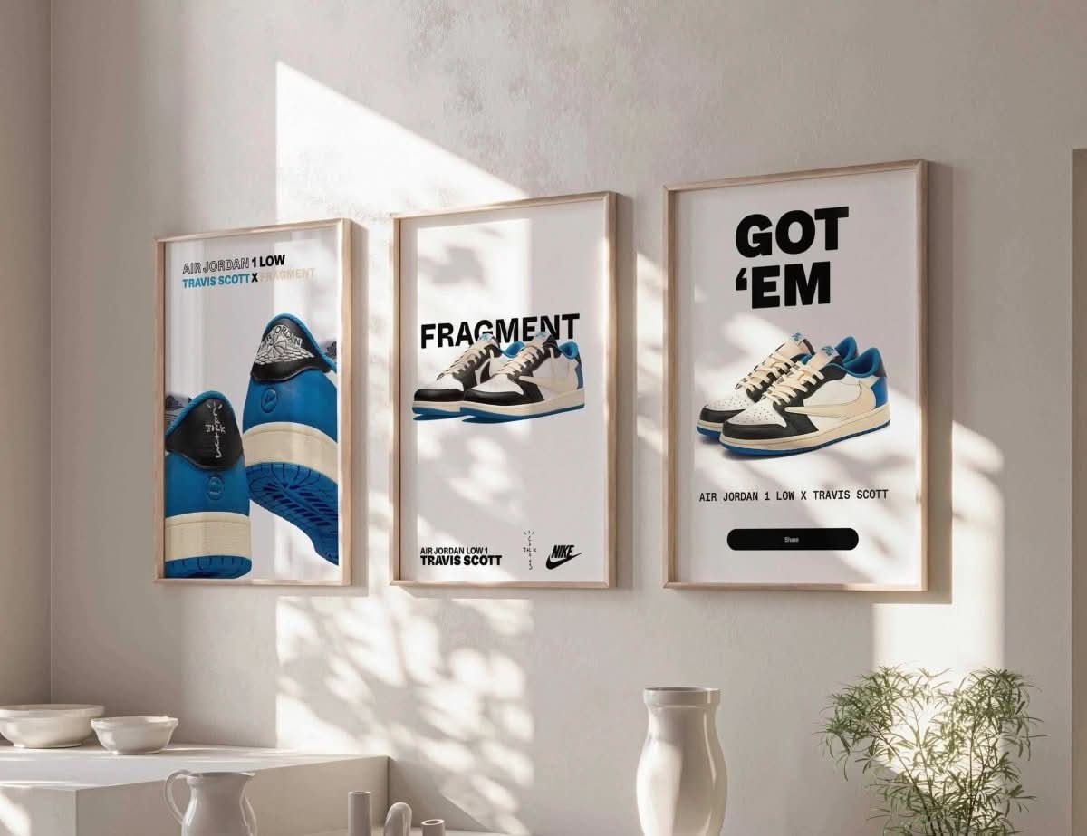 Sneakerhead Printable Poster Set of 3 featuring digital sneaker art in light wood frames on modern living room wall decor by Haus of Prints
