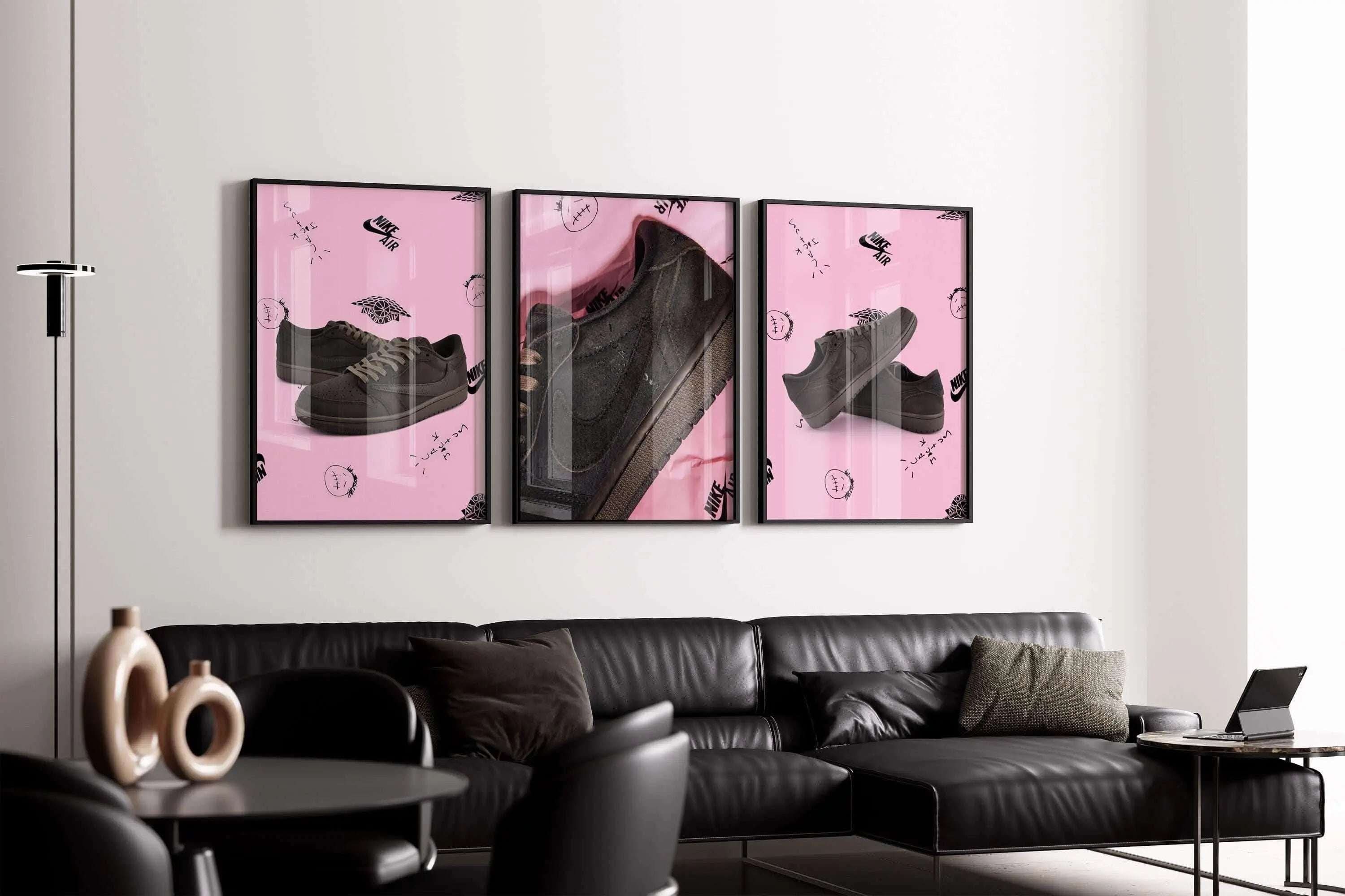 Sneakerhead Shoe Wall Art Set of 3, highlighting iconic sneakers on a stylish pink canvas.