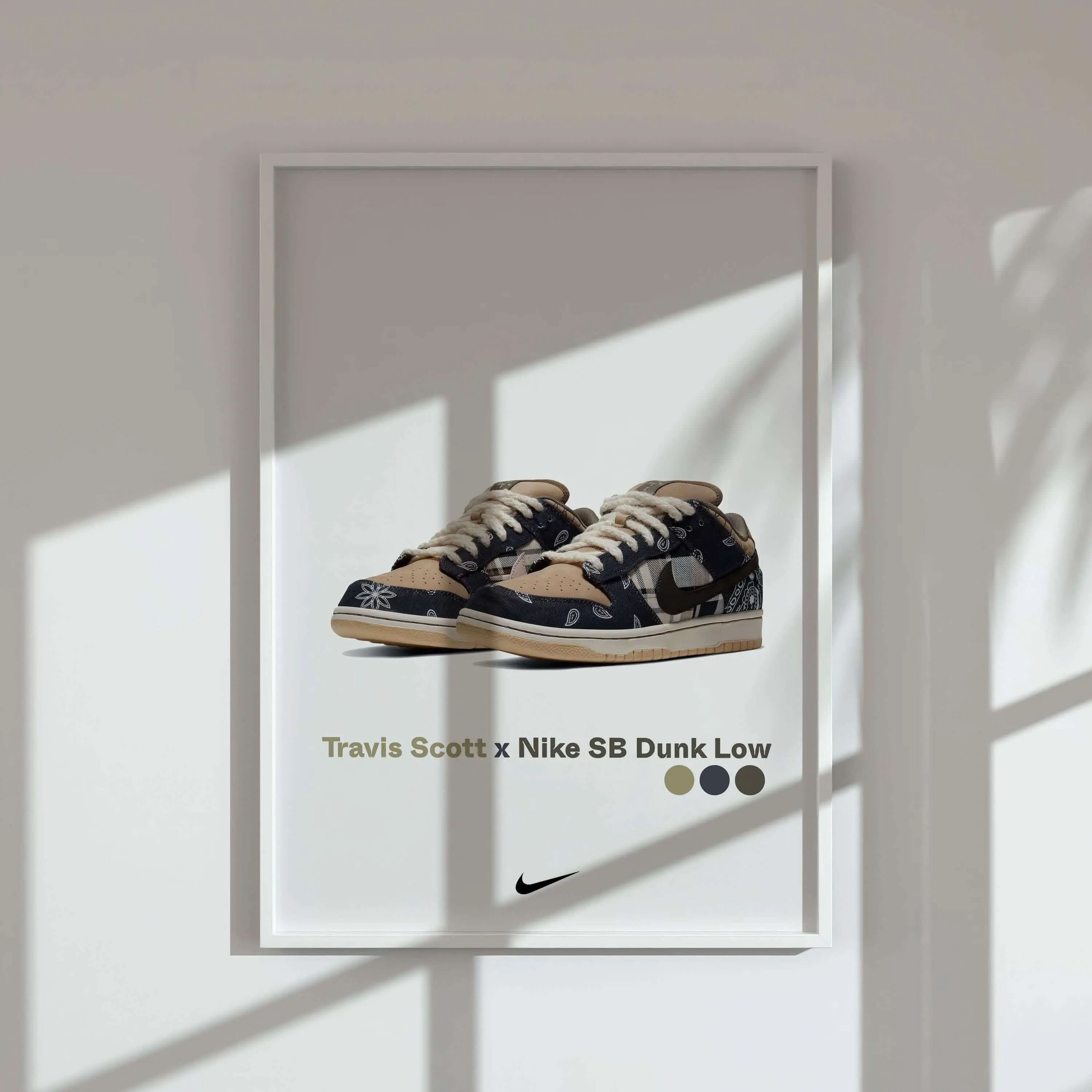 Framed sneaker art printable poster featuring Travis Scott x Nike SB Dunk Low, modern wall decor for living room by Haus of Prints.