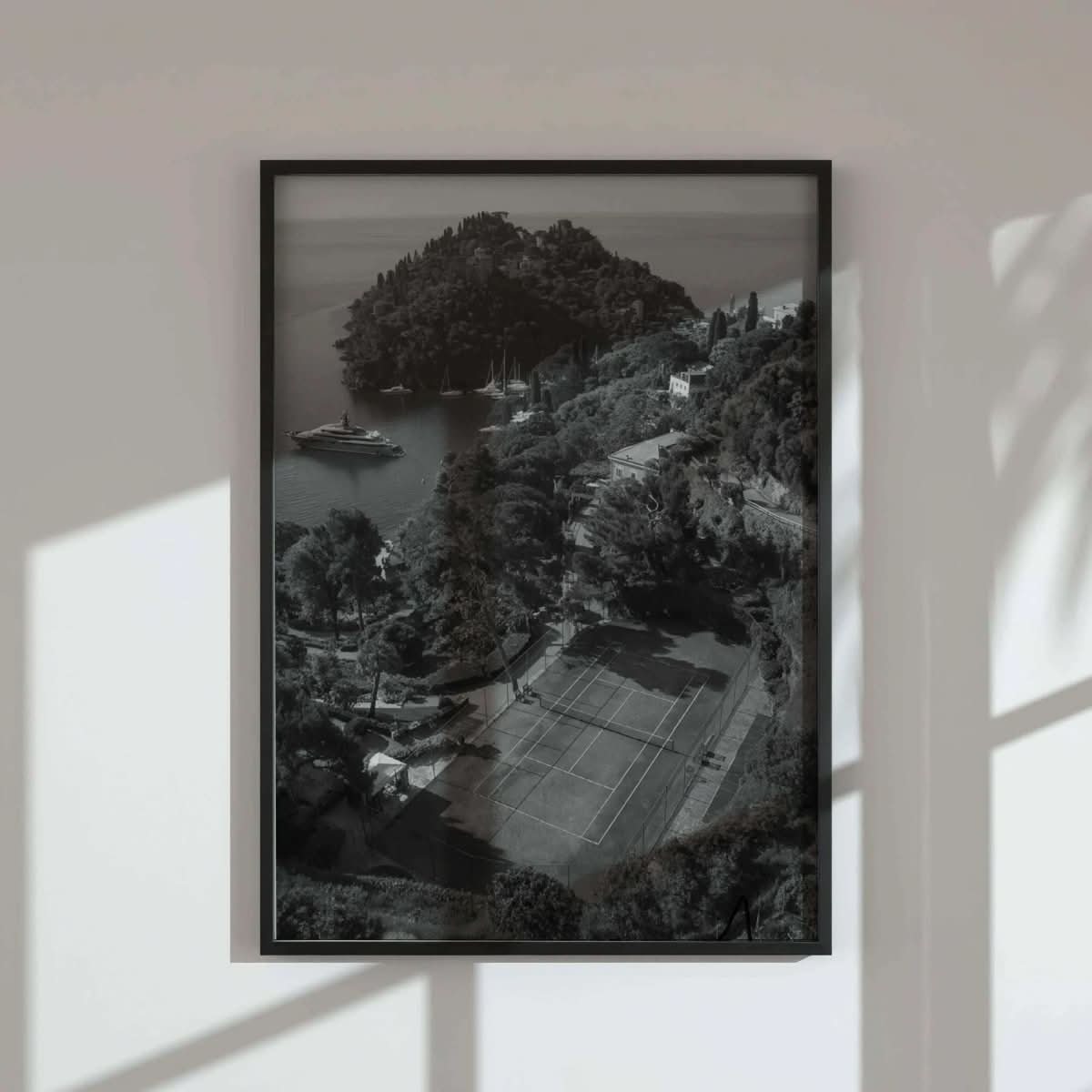 Black and white tennis court digital wall art framed and displayed in a modern living room, printable art by Haus of Prints. Tennis Poster Set of 3.