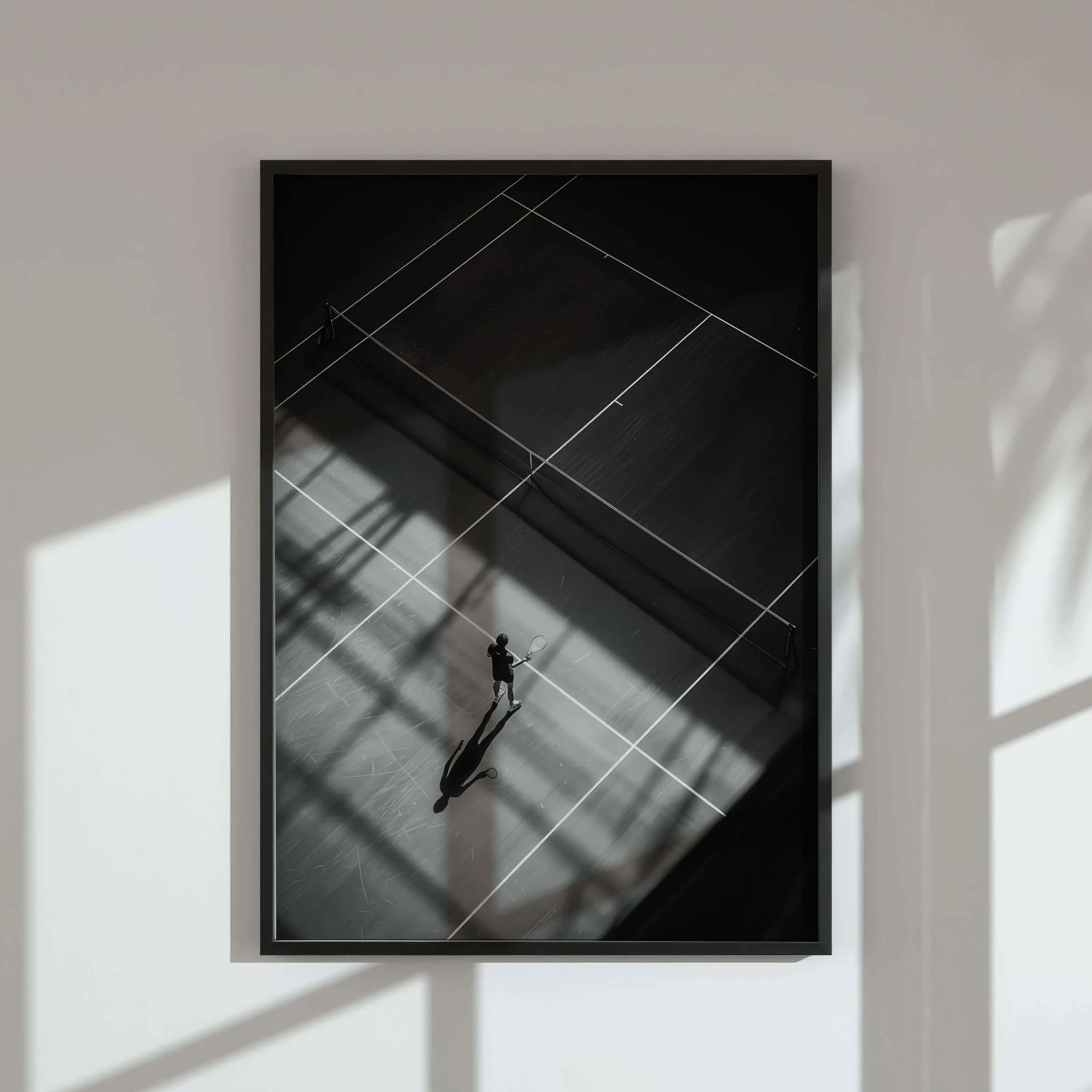 Moody black and white tennis digital art print framed in modern living room wall art decor, instant download — Tennis Poster Set of 3 Haus of Prints.