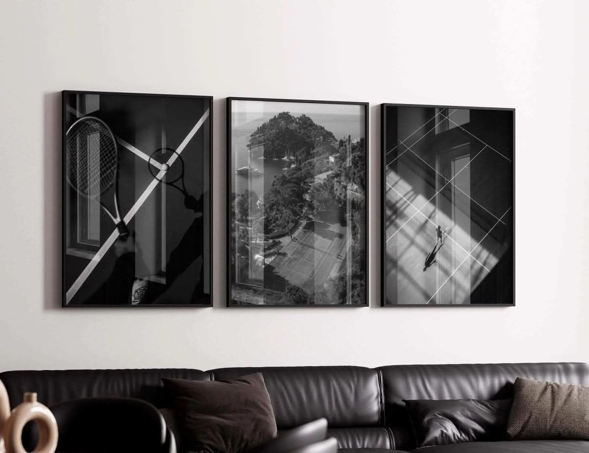 Tennis Poster Set of 3 with modern black-and-white tennis-themed digital wall art framed in a sleek living room by HAUS OF PRINTS.