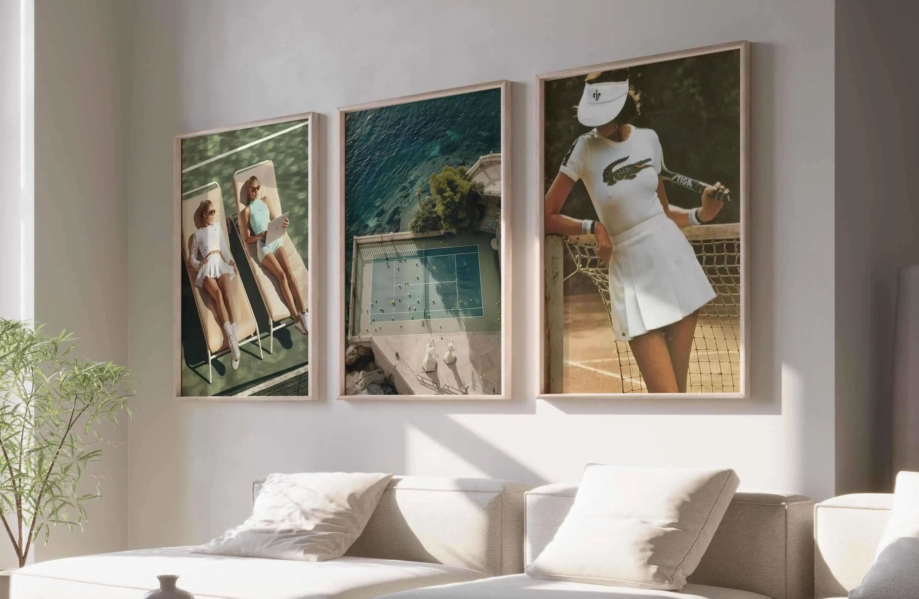 Set of 3 tennis-themed wall art prints featuring players, court aerial view, and stylish tennis attire displayed above a living room couch