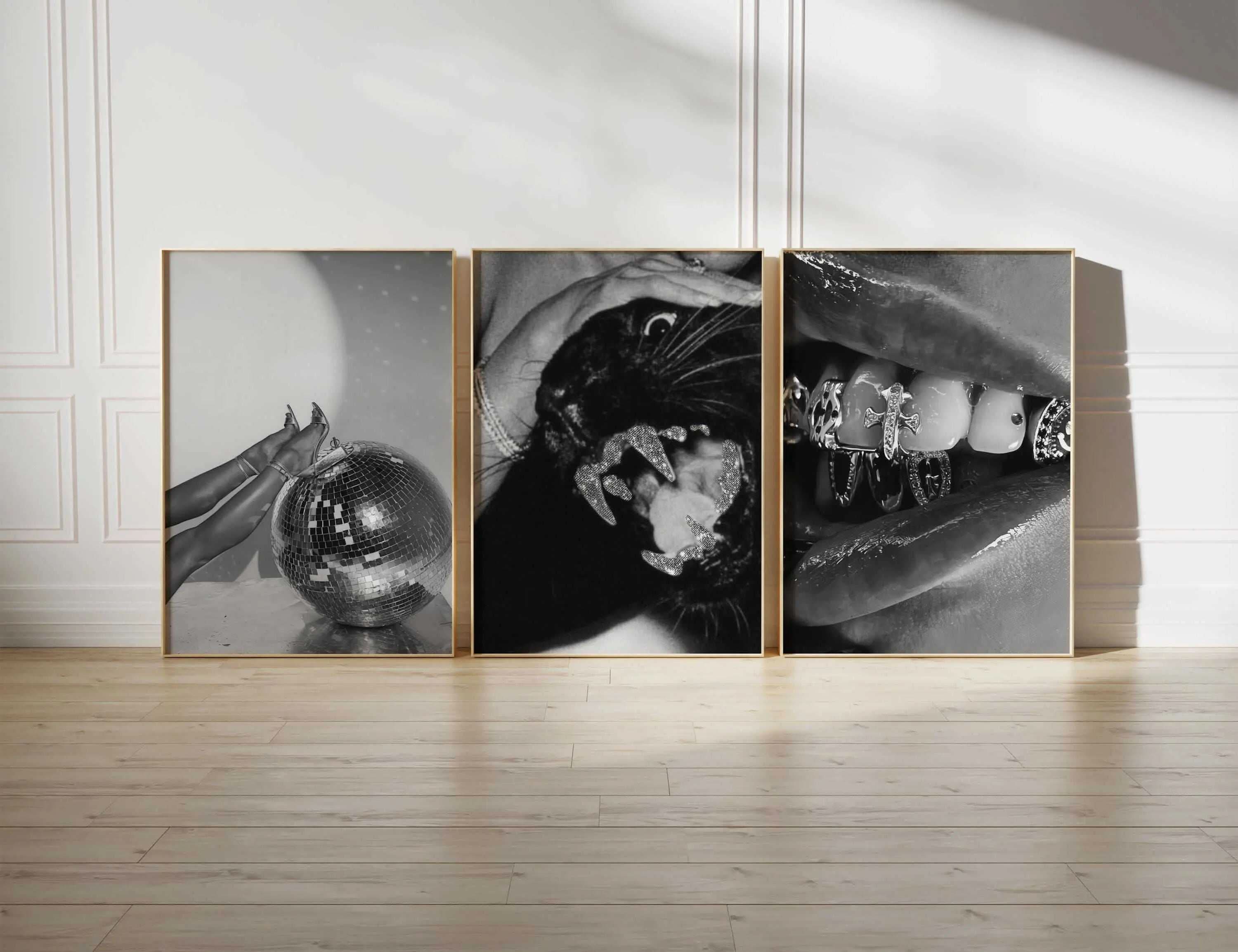 Unique wall decor showcasing a glossy disco ball and stunning fashion details in a contemporary style.