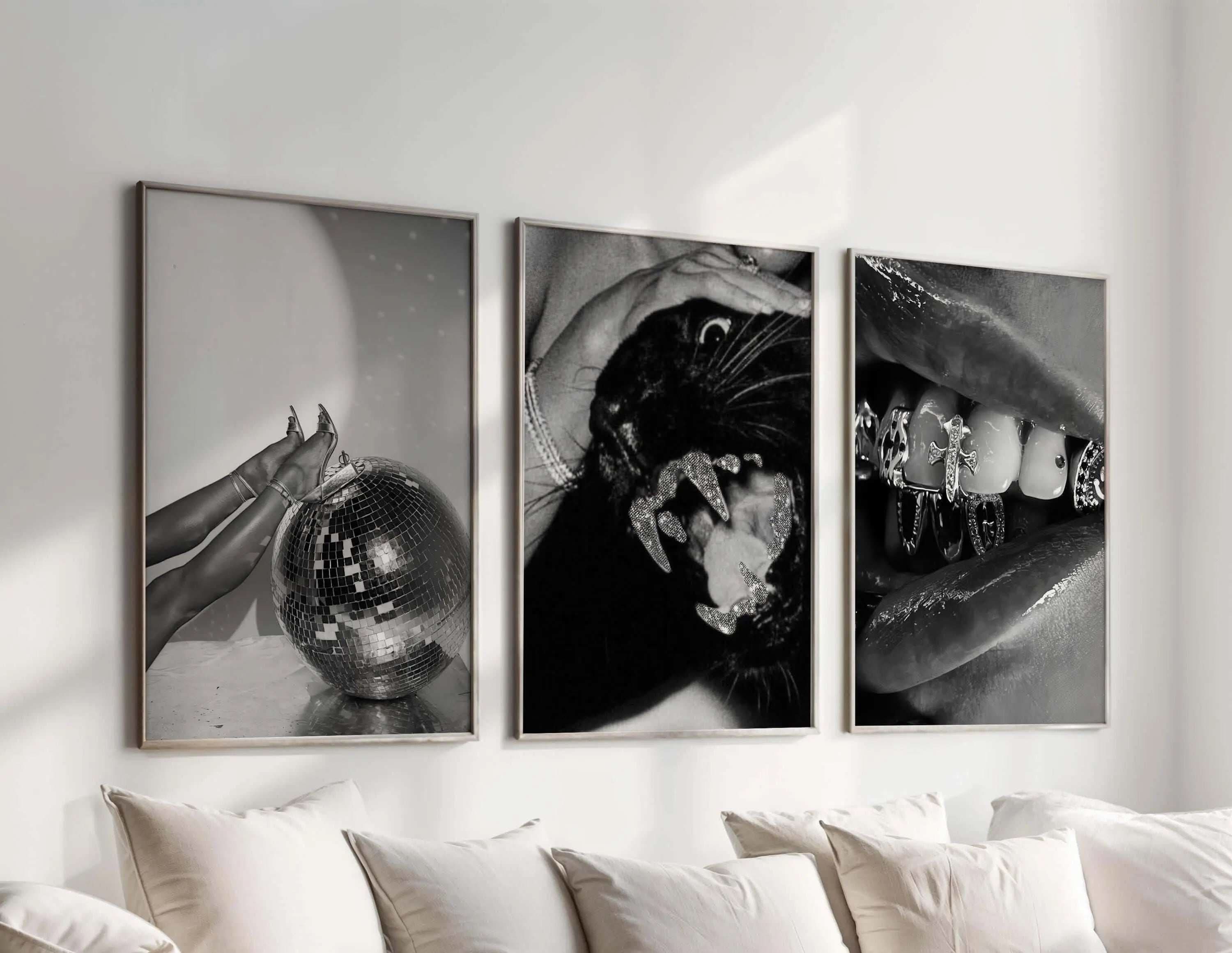 Trendy wall art set highlighting modern fashion elements, perfect for an elegant living space.