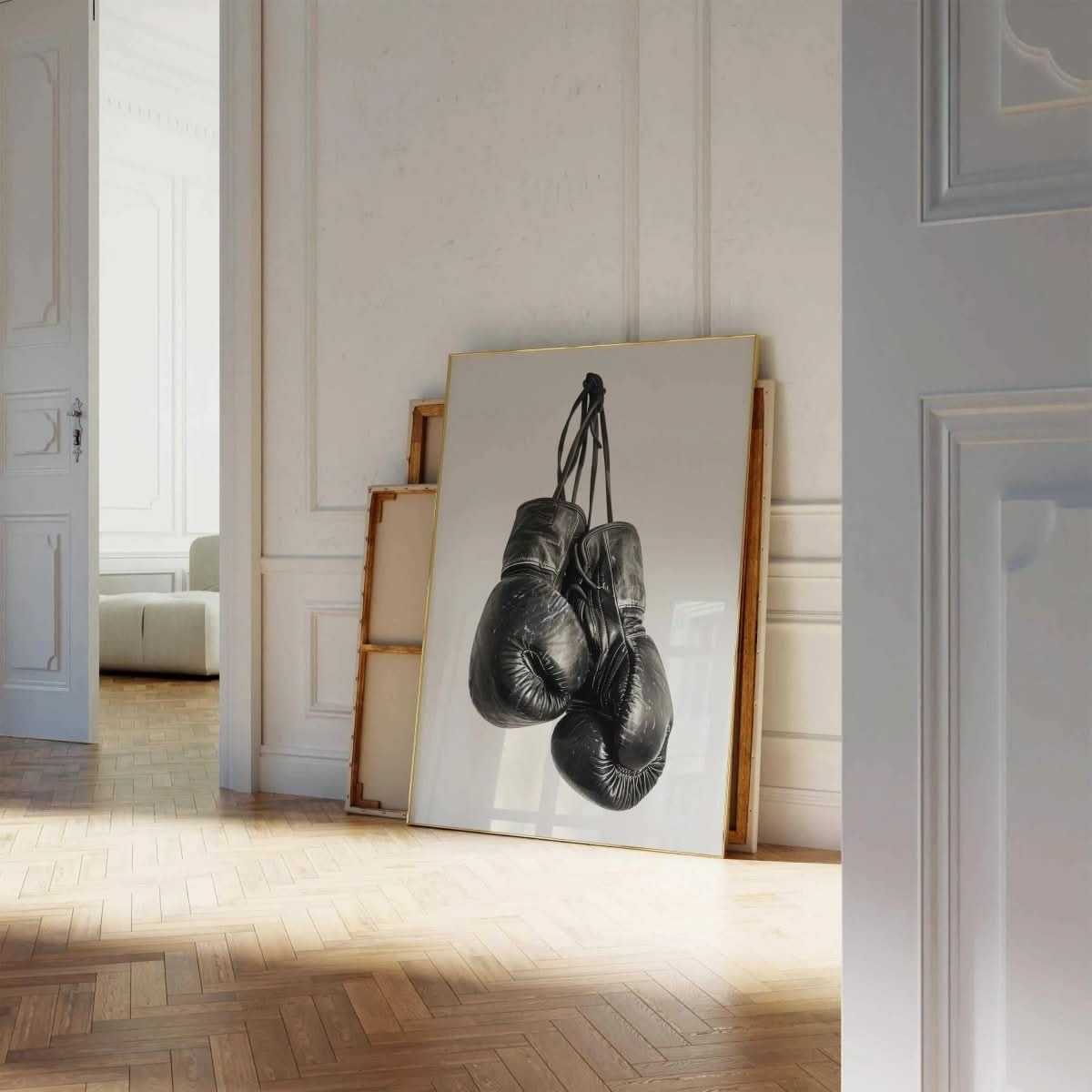 Vintage Boxing Gloves Wall Art leaning against the wall, capturing the nostalgic essence of boxing.