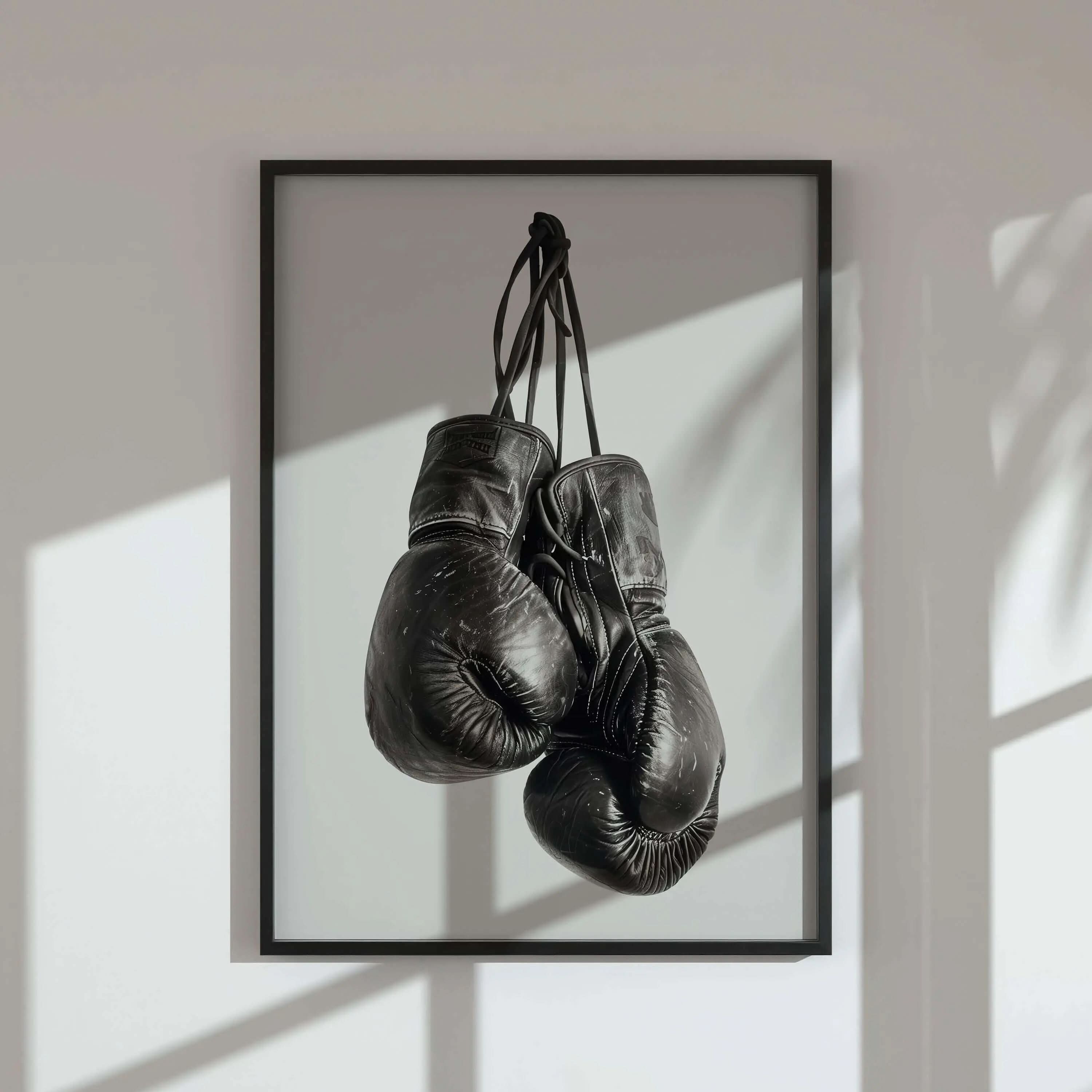 Vintage Boxing Gloves Wall Art featuring striking shadows and a modern frame, enhancing room decor.