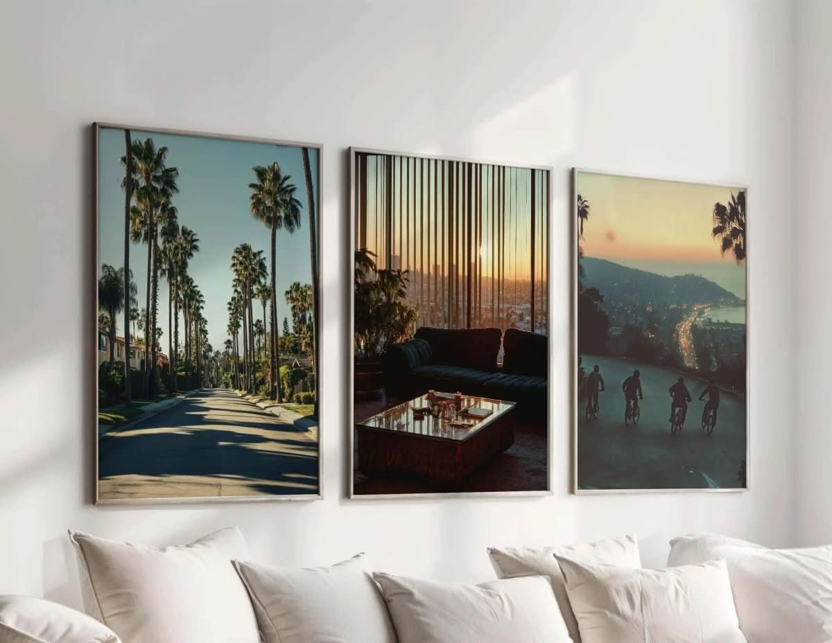 Vintage Cityscape Poster Set of 3 showcasing palm trees, sunset city views, and urban silhouettes in framed digital wall art by Haus of Prints.