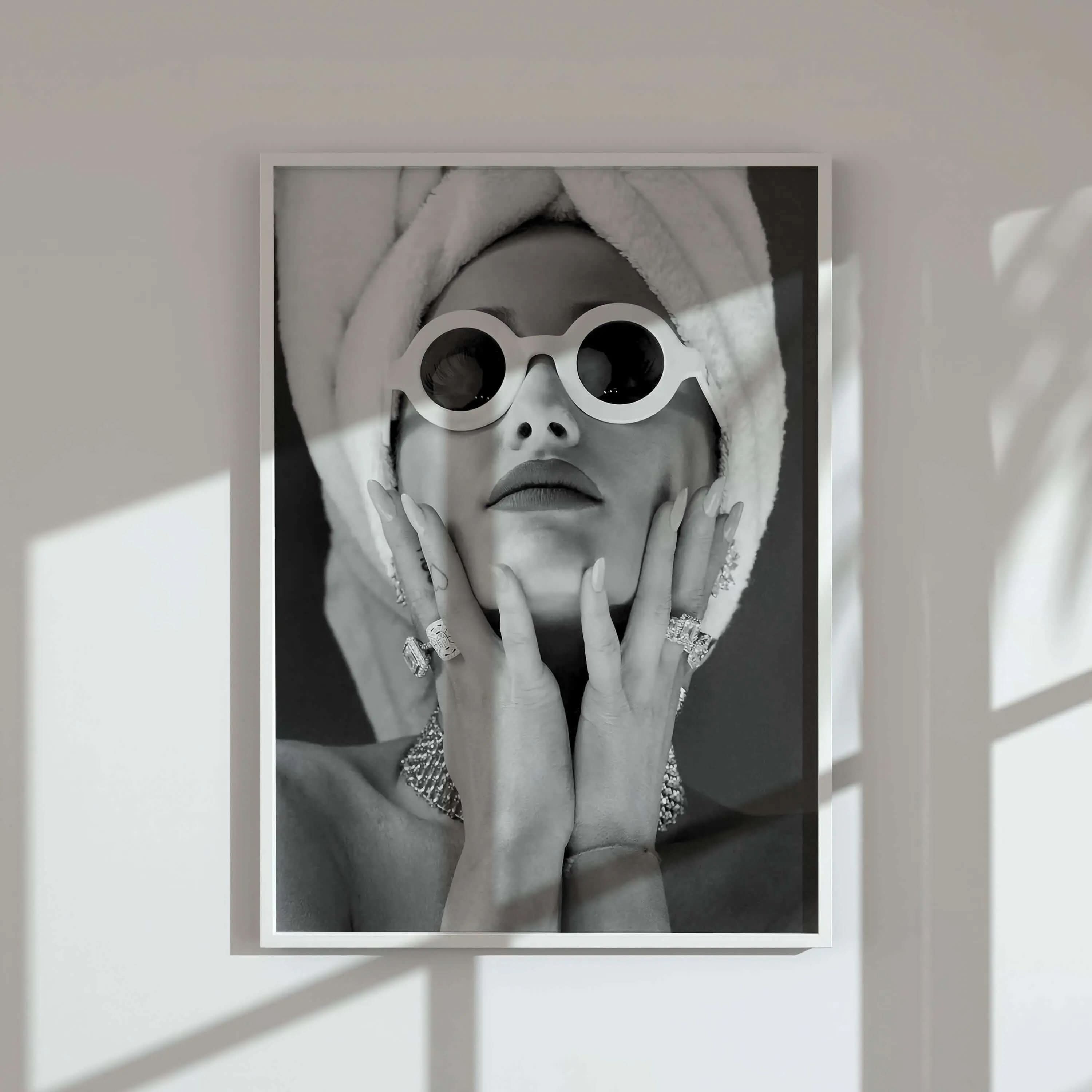 Black and white vintage fashion photography printable wall art featuring a woman with sunglasses in modern living room — Haus of Prints Vintage Fashion Photography Prints Set of 3