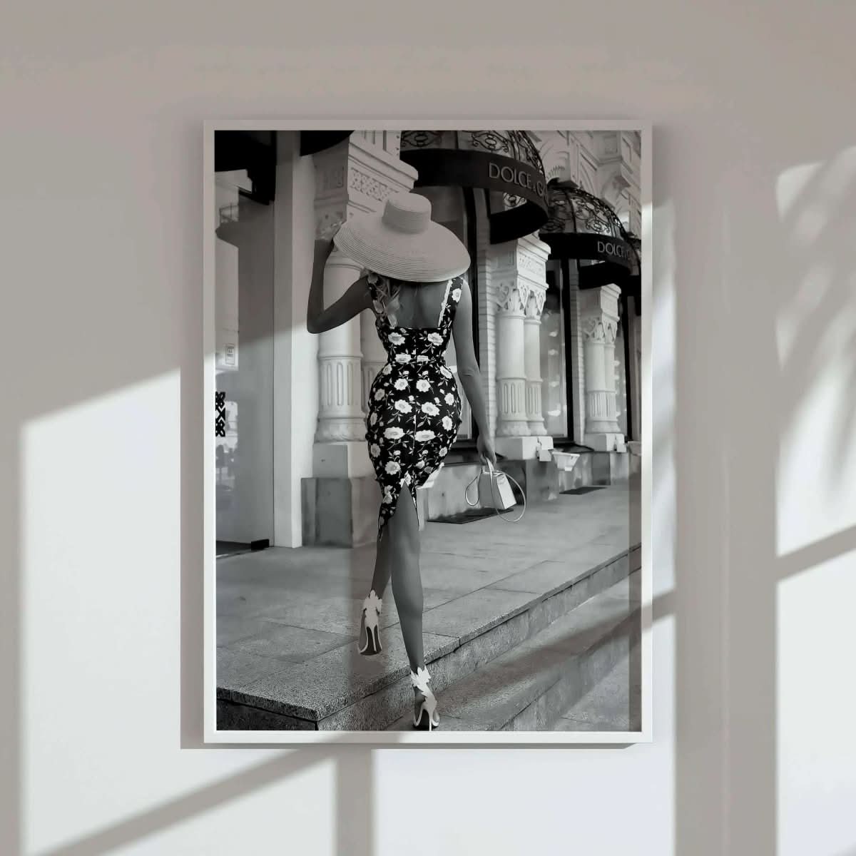 Vintage Fashion Photography Prints Set of 3 featuring black-and-white elegant woman in floral dress framed wall art, modern living room decor by Haus of Prints.