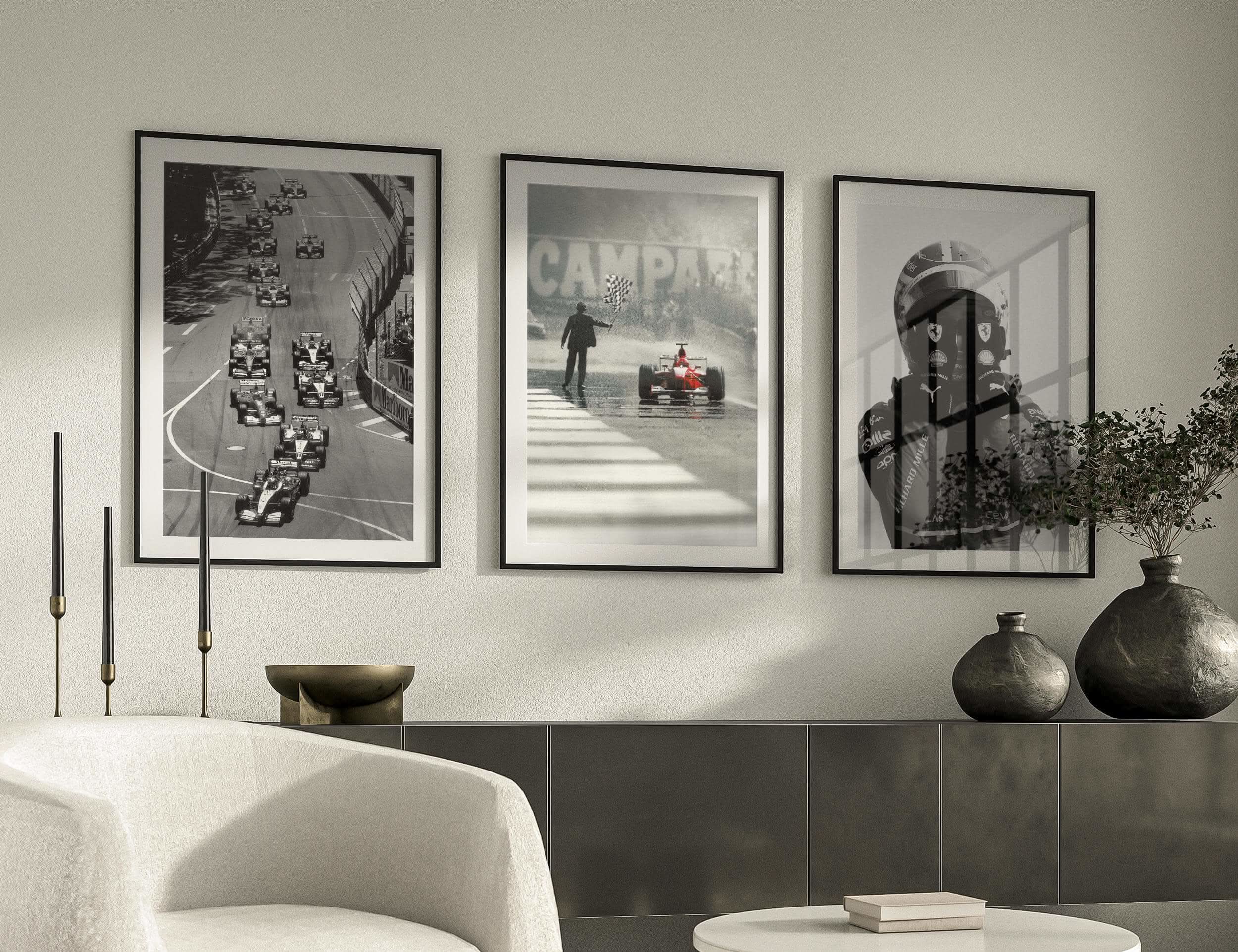 Vintage Formula 1 Wall Art highlighting a dramatic finish line moment with a checkered flag.