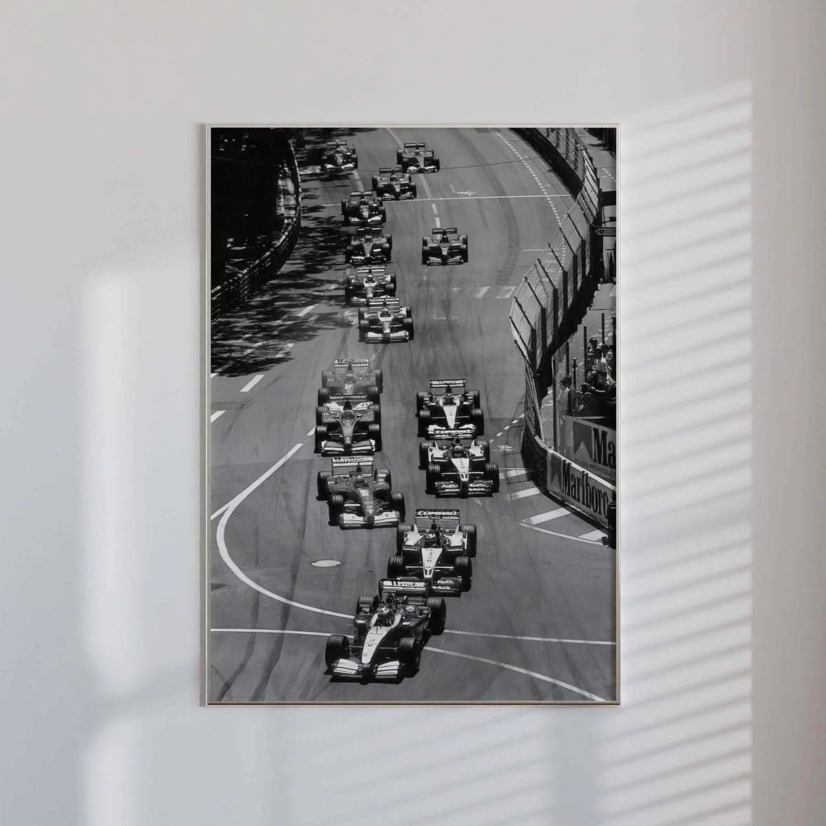 Captivating finish line moment in Vintage Formula 1 Wall Art, bringing excitement to any wall space.