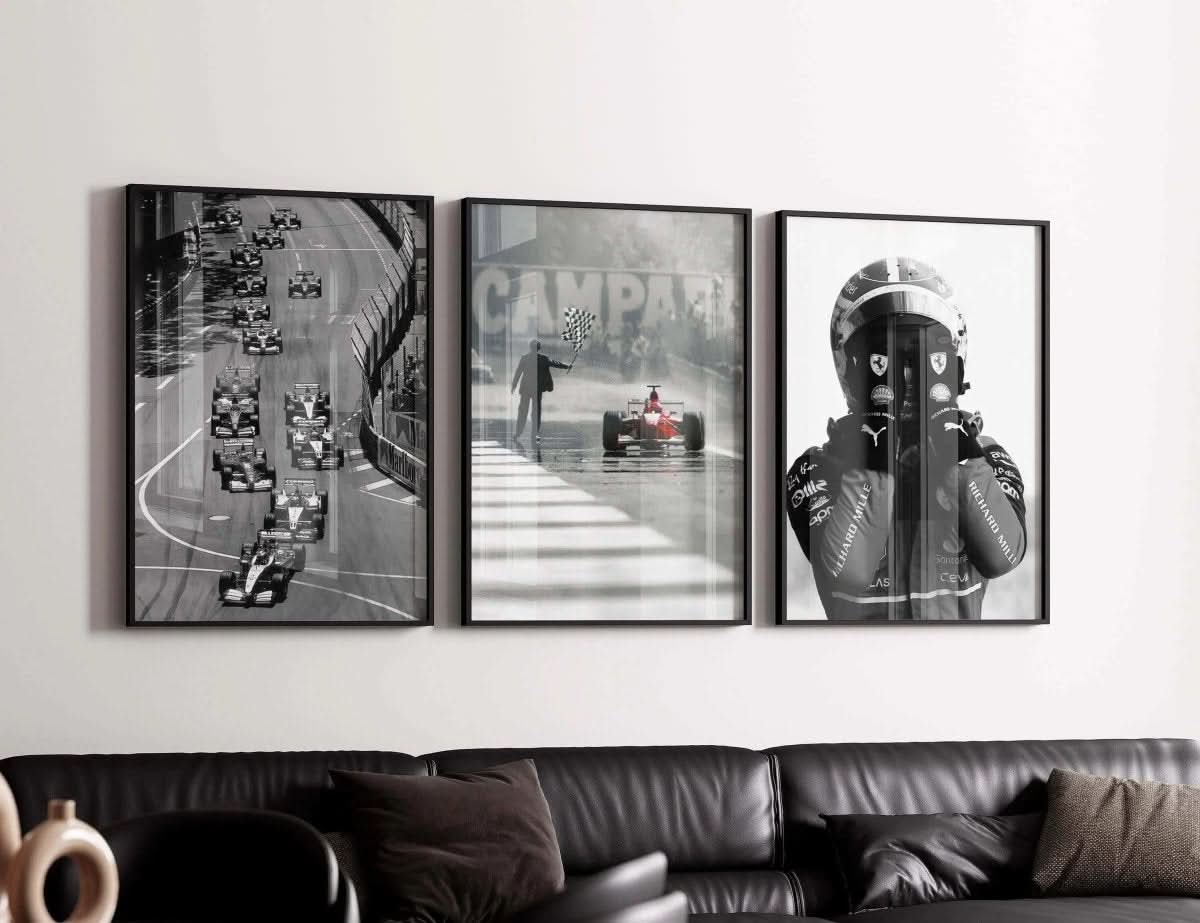 Vintage Formula 1 Wall Art featuring a close-up of victorious driver in helmet, adding flair to your space.