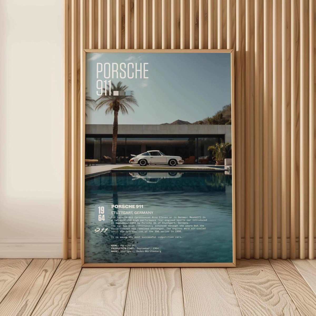 Vintage Porsche 911 Poster digital wall art framed in modern room with pool reflection, stylish printable art by Haus of Prints.
