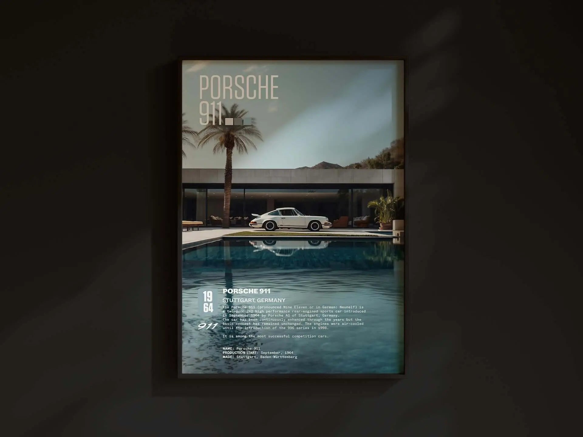 Vintage Porsche 911 Poster printable digital wall art with classic car by pool in modern room, instant download by Haus of Prints.