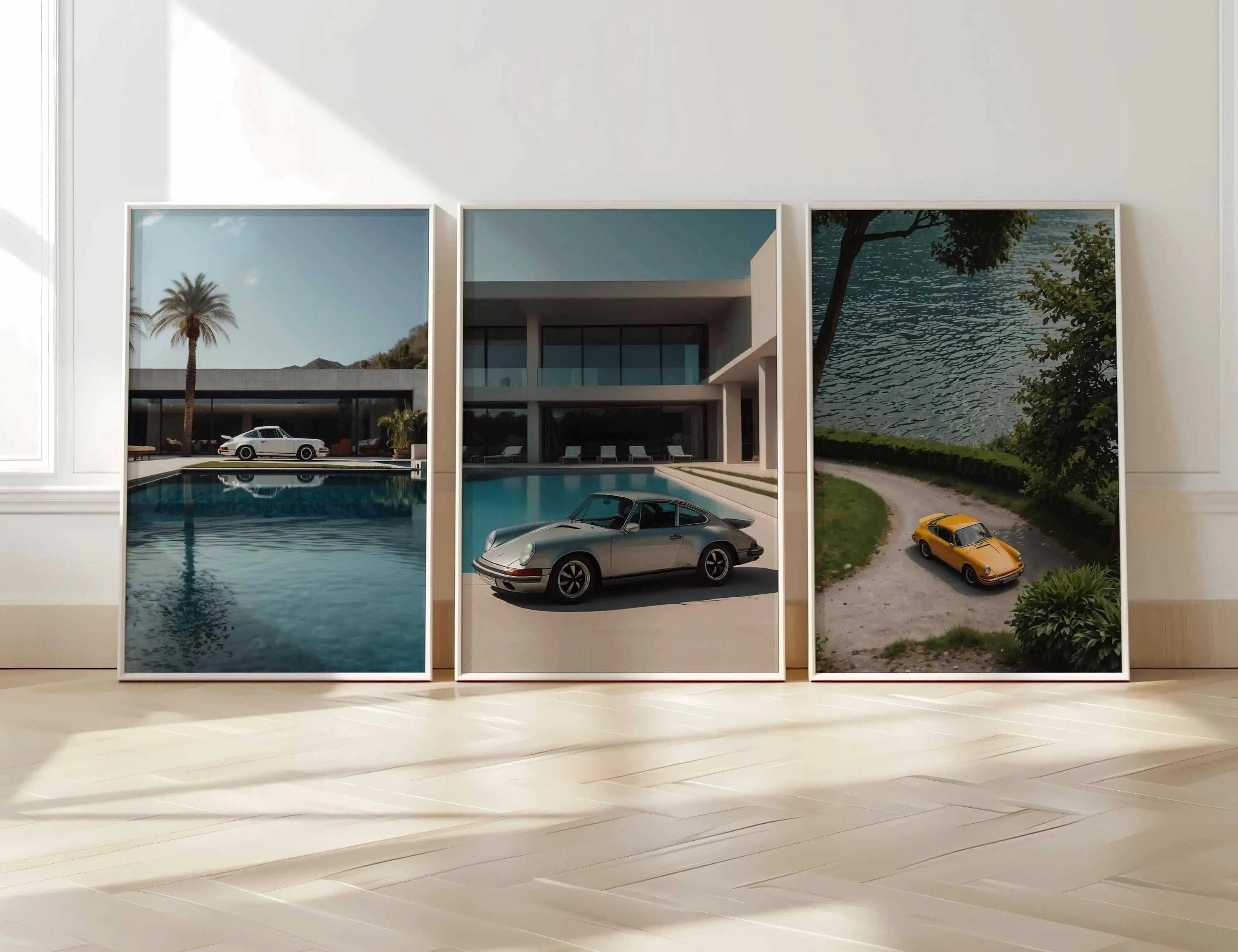 Vintage Porsche 911 Wall Art Set of 3 featuring vibrant car scenes in modern home decor, printable art by Haus of Prints.