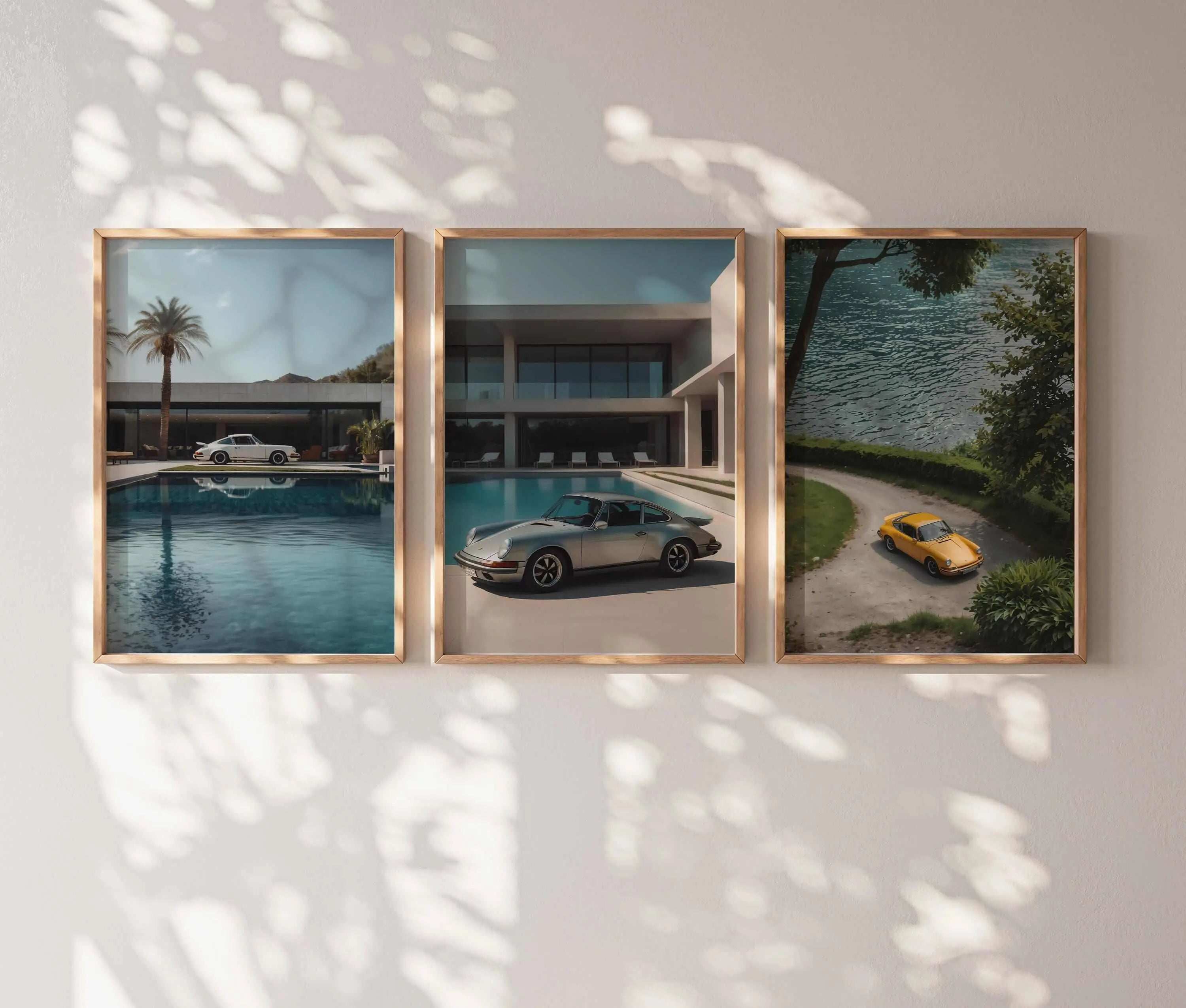 Vintage Porsche 911 Wall Art Set of 3 featuring classic cars by a pool, driveway, and lake in framed digital wall art prints — Haus of Prints.