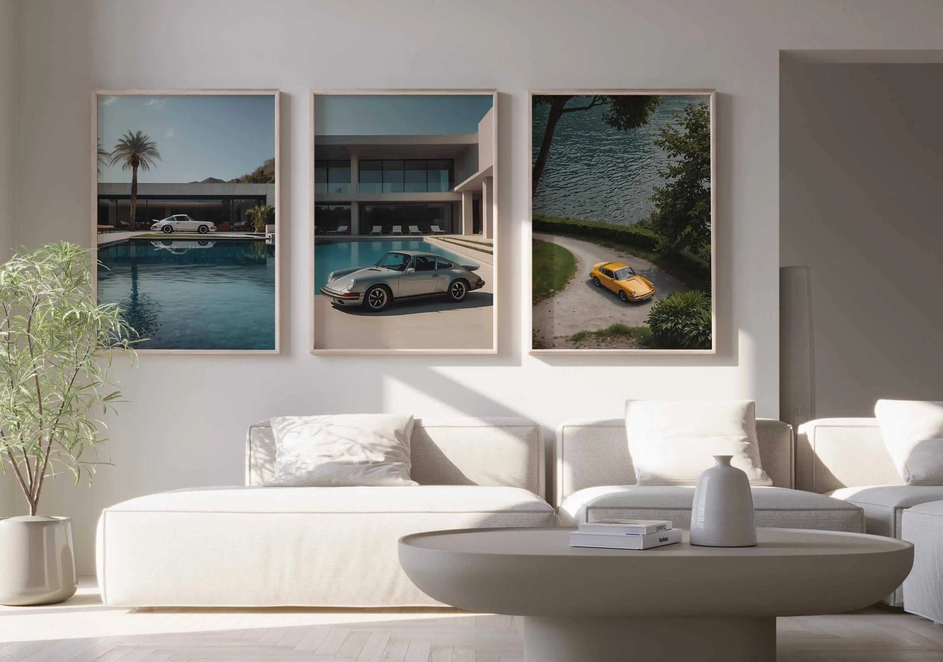 Vintage Porsche 911 Wall Art Set of 3 featuring vibrant printable art prints displayed in a modern living room by Haus of Prints.