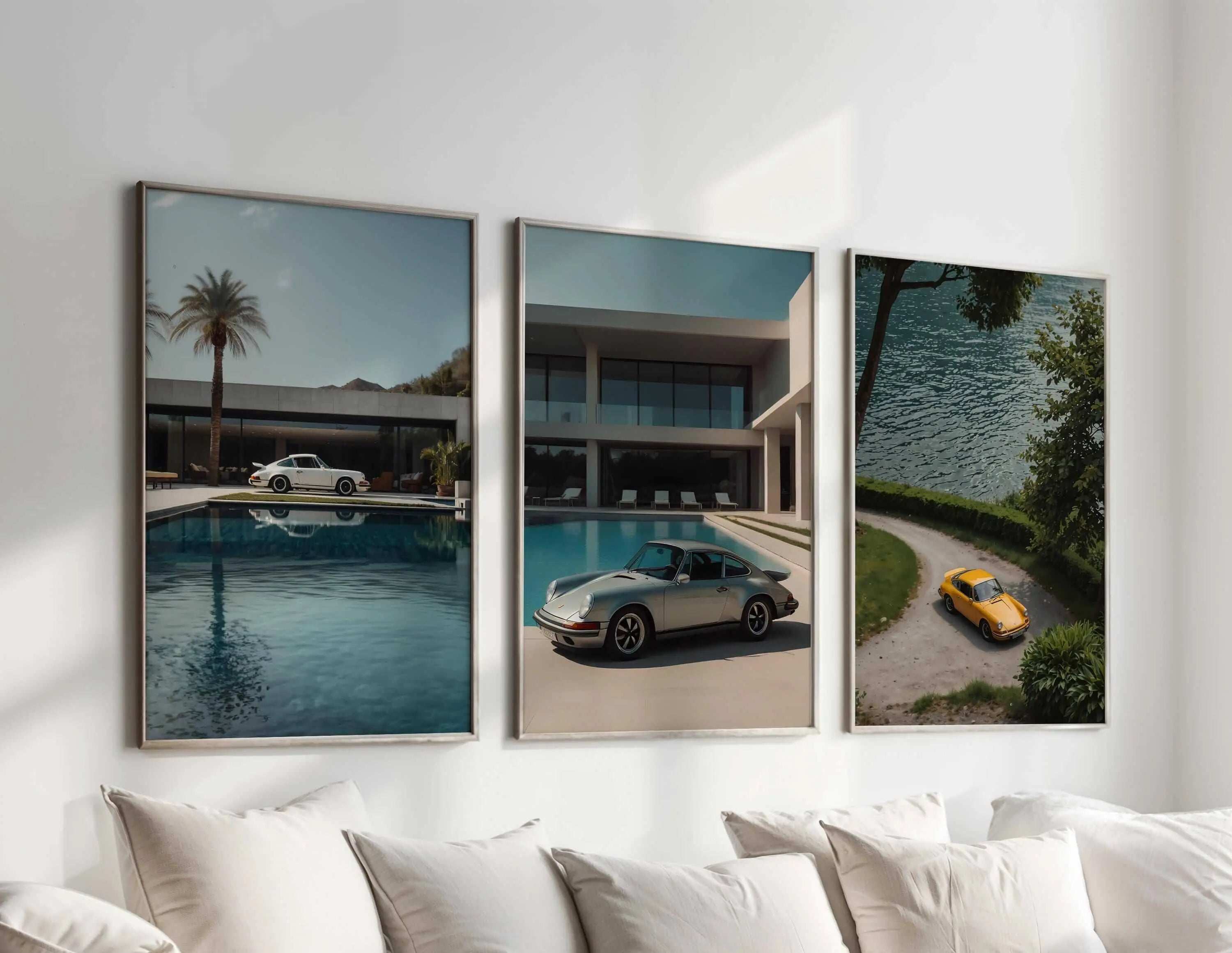 Vintage Porsche 911 digital wall art set of 3 framed above sofa in modern living room, printable art for home decor — Haus of Prints.