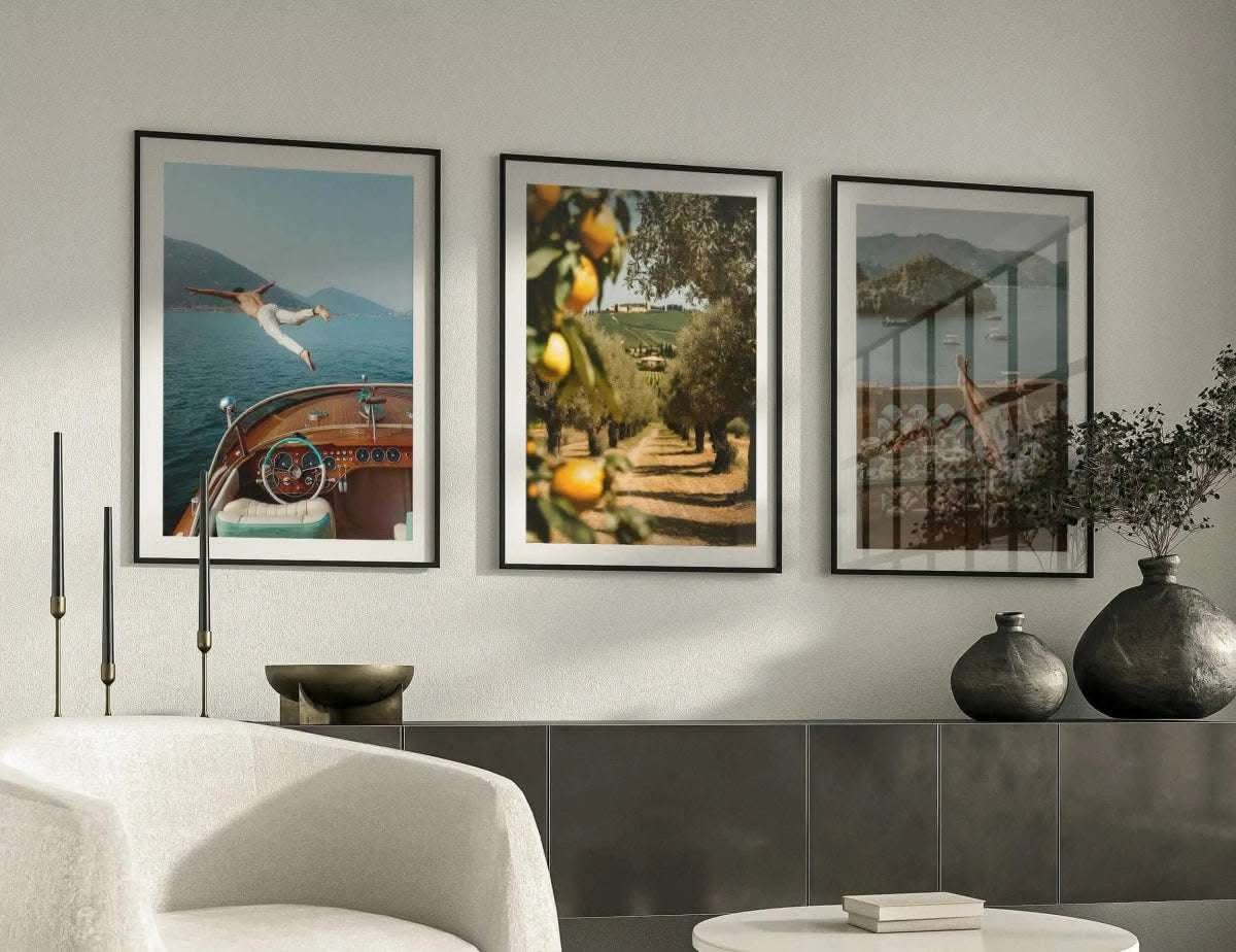 Vintage Seascape Prints Set of 3 featuring a scenic boat interior with a figure leaping into the water.
