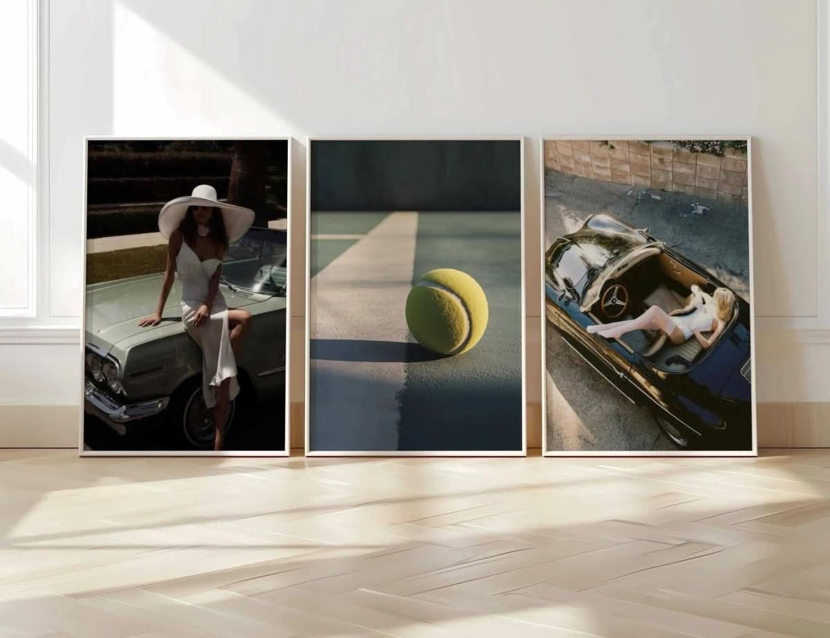 Vintage Tennis Wall Art Set image highlighting a model in white attire seated on a classic car.