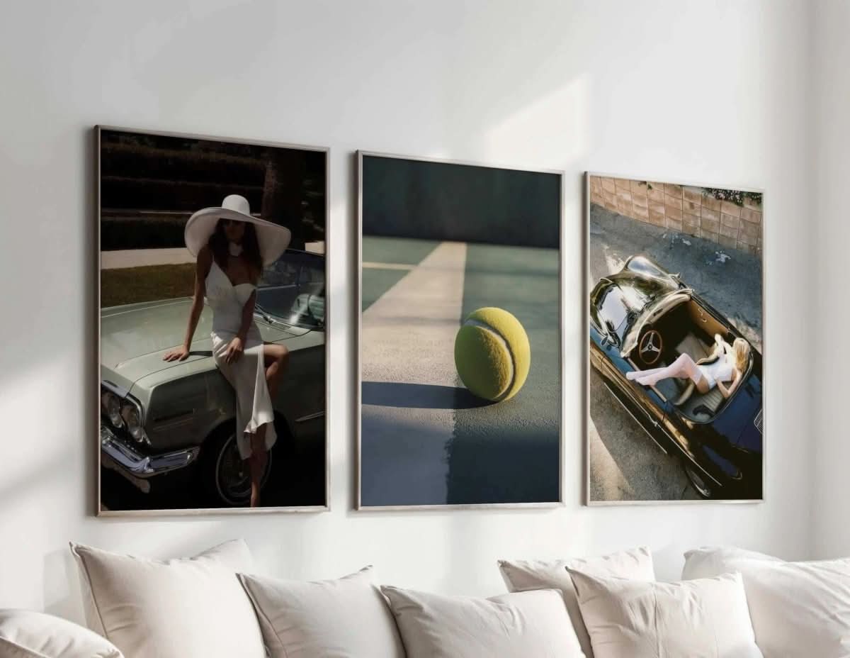 Vintage Tennis Wall Art Set displayed in a cozy living area, enhancing interior design aesthetics.