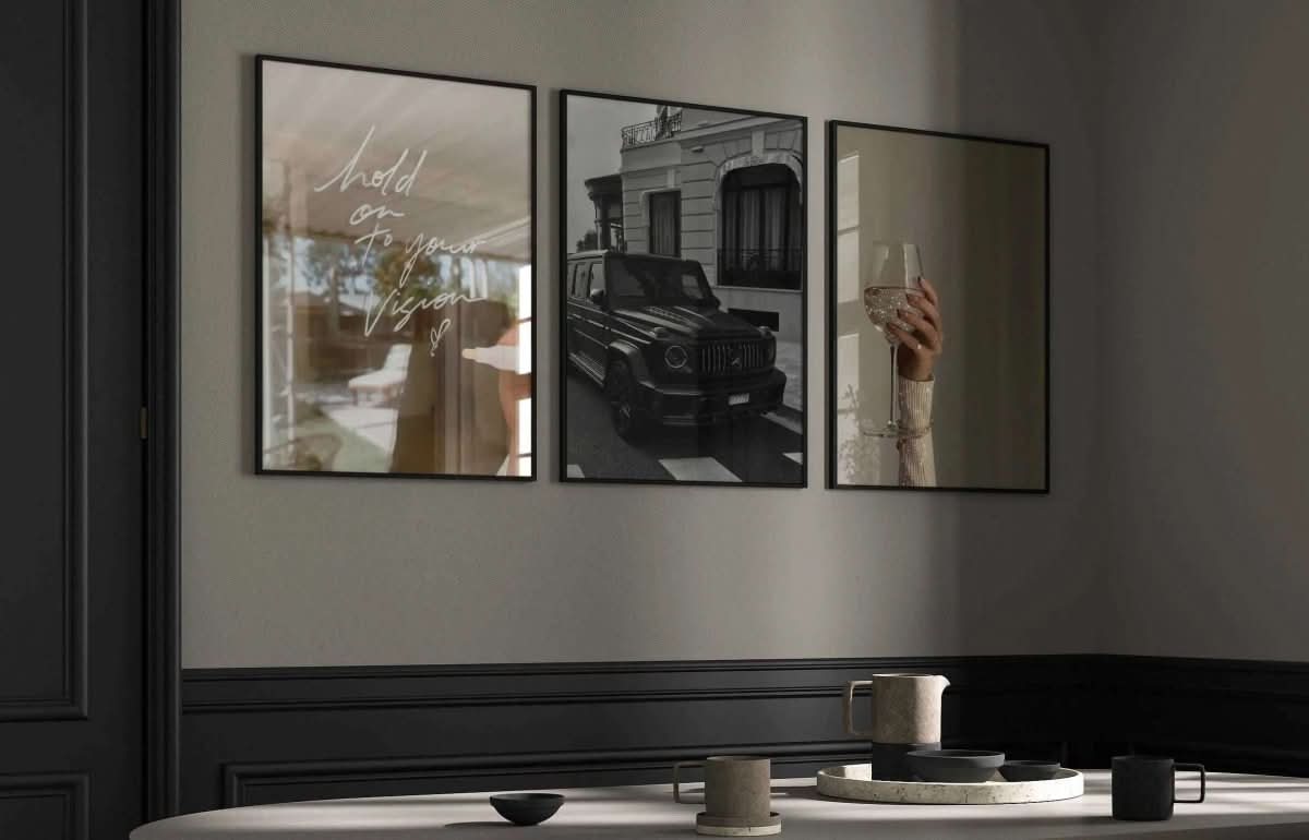 Vogue Fashion Poster Set of 12 featuring modern black-and-white fashion and luxury car digital wall art in a stylish dining room setting — HAUS OF PRINTS