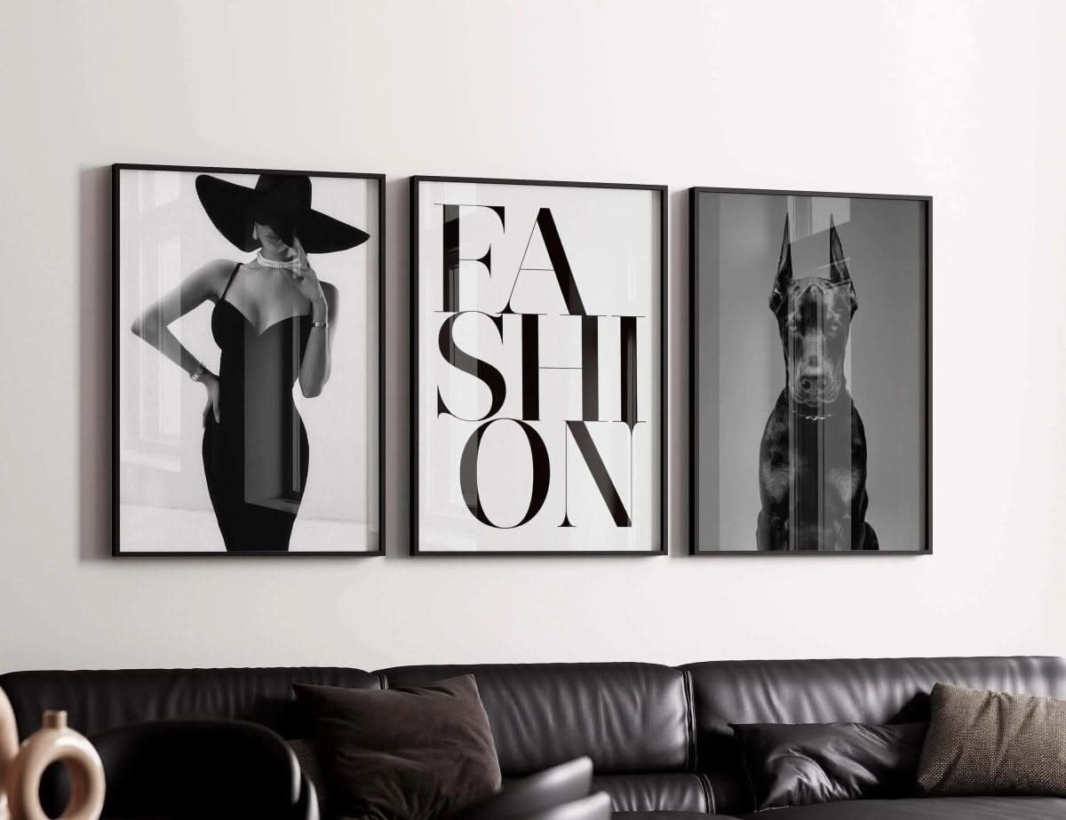 Vogue-inspired typography saying "FASHION" in bold black lettering against a minimalist background.