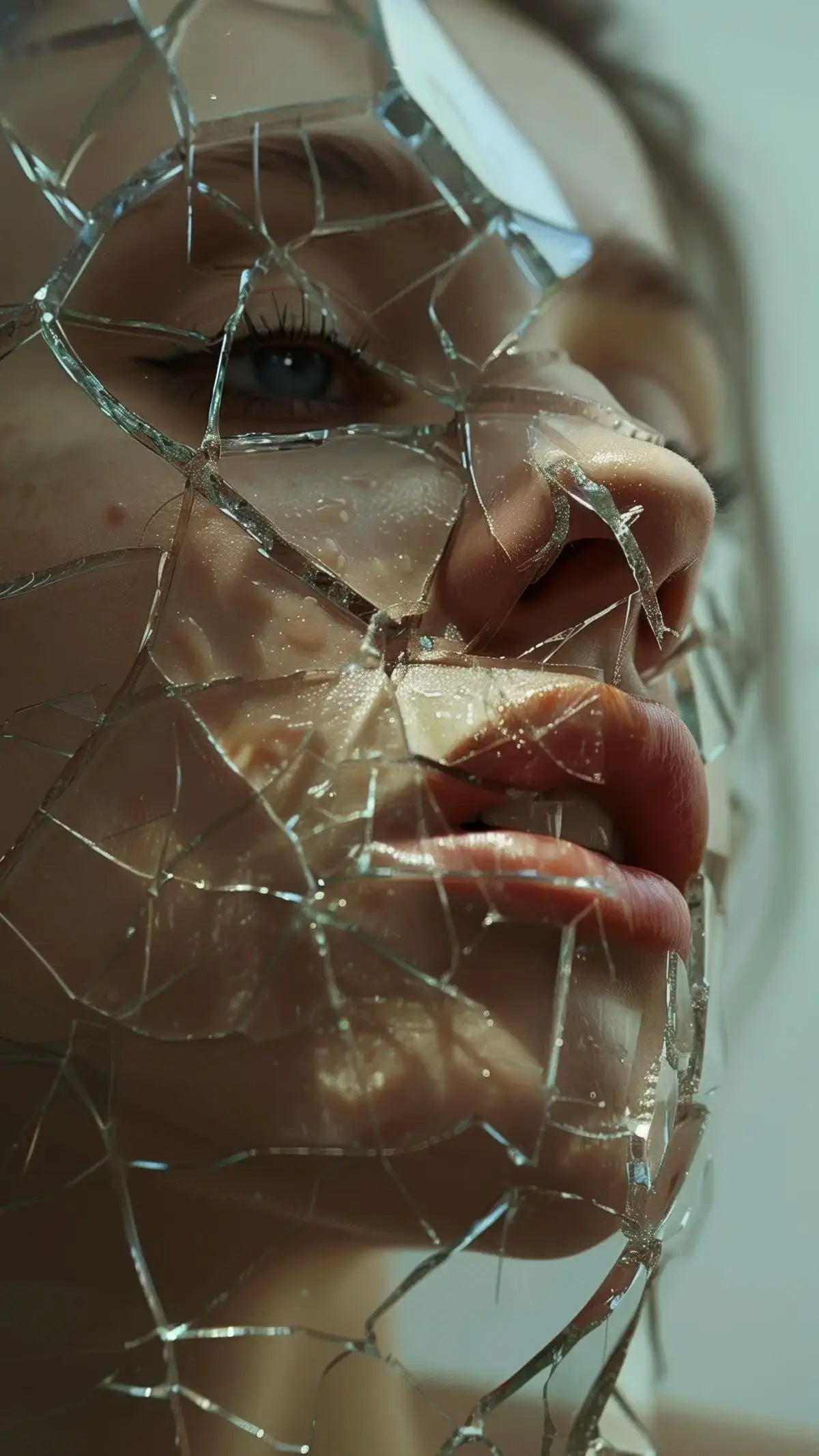 Person with a cracked mirror reflecting their face