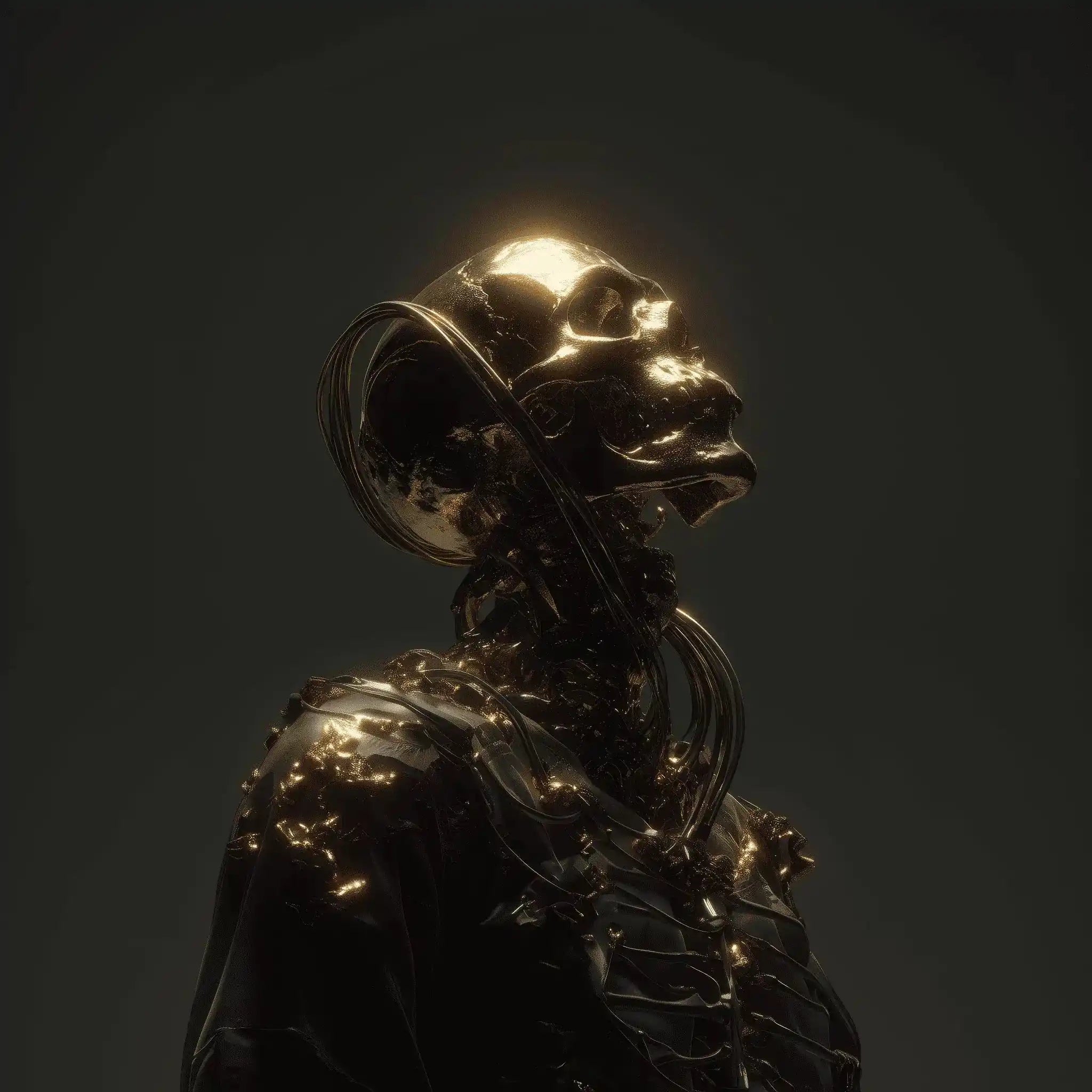 Futuristic golden humanoid robot sculpture with intricate details and glowing features.