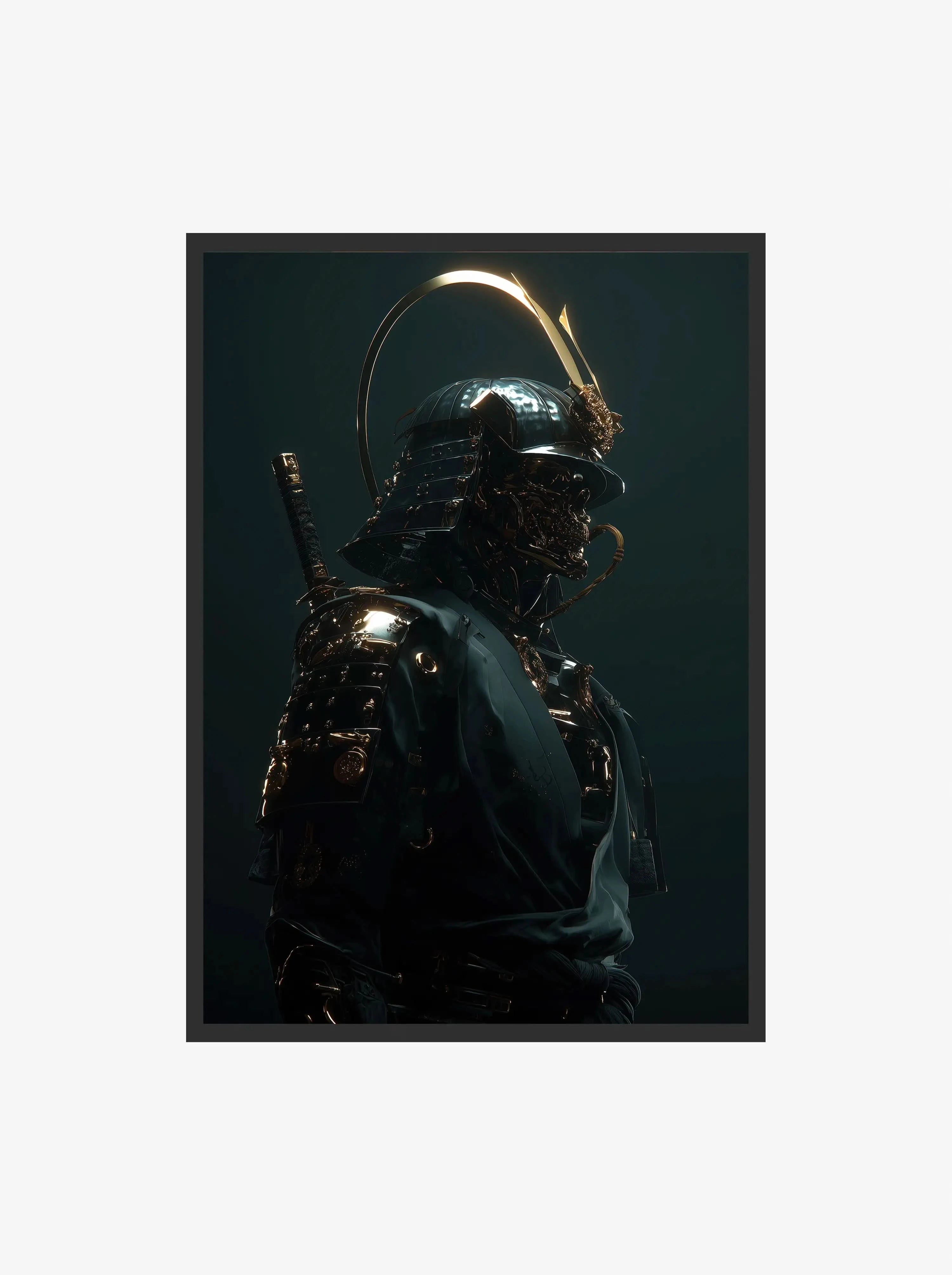 Samurai wall art depicting a golden skull motif on traditional armor, a unique blend of culture and innovation.