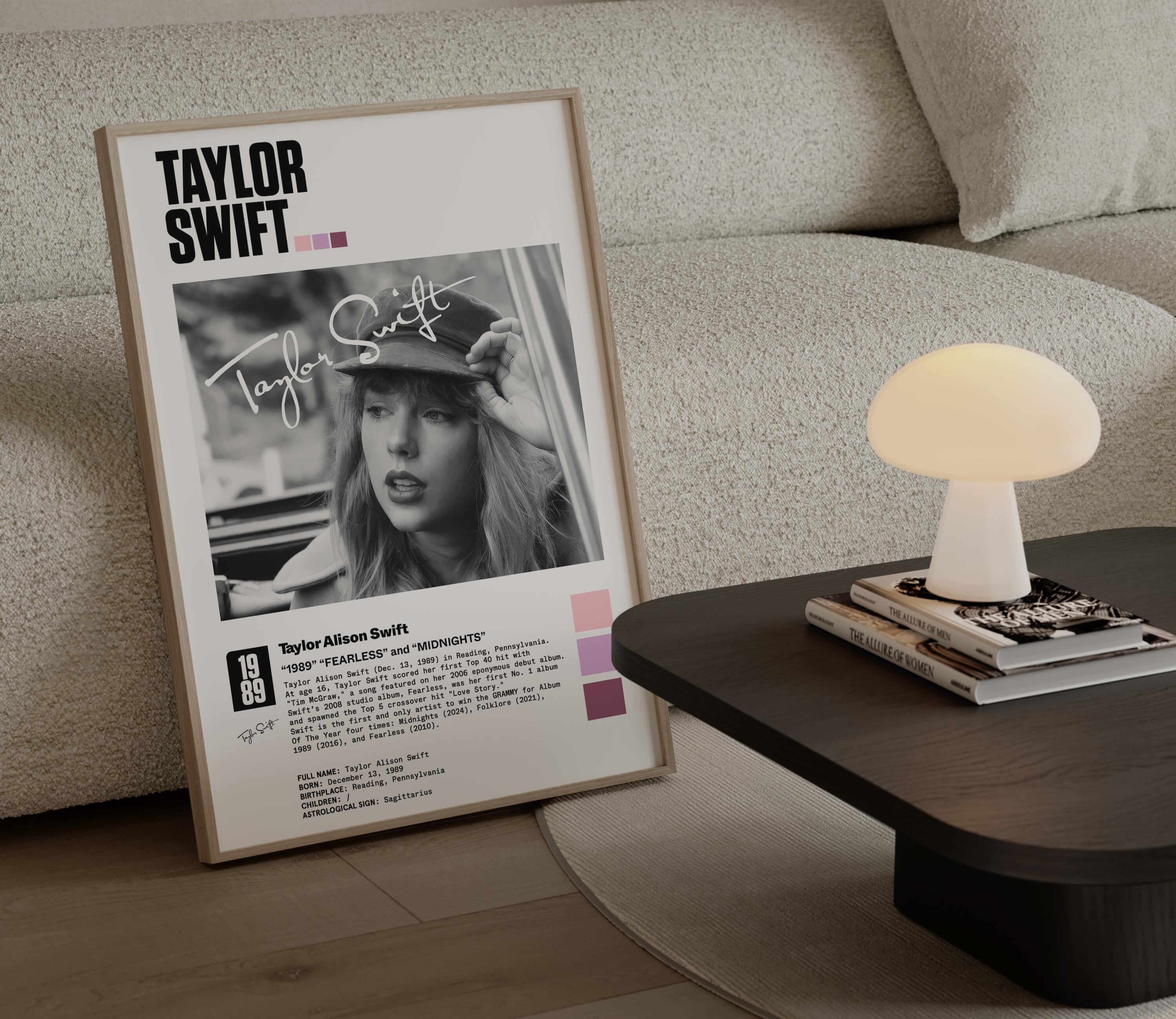 Taylor Swift poster framed, featuring a black and white portrait with signature for vibrant wall art decor.