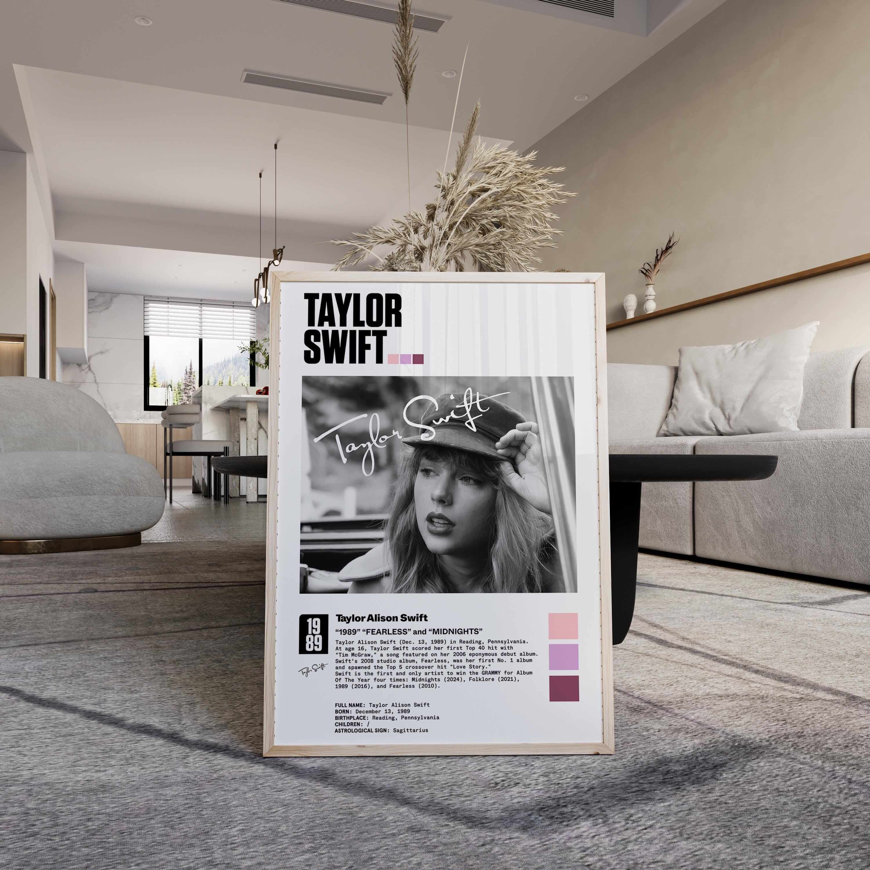 Taylor Swift poster displayed in a modern living room, featuring stylish design and vibrant colors.