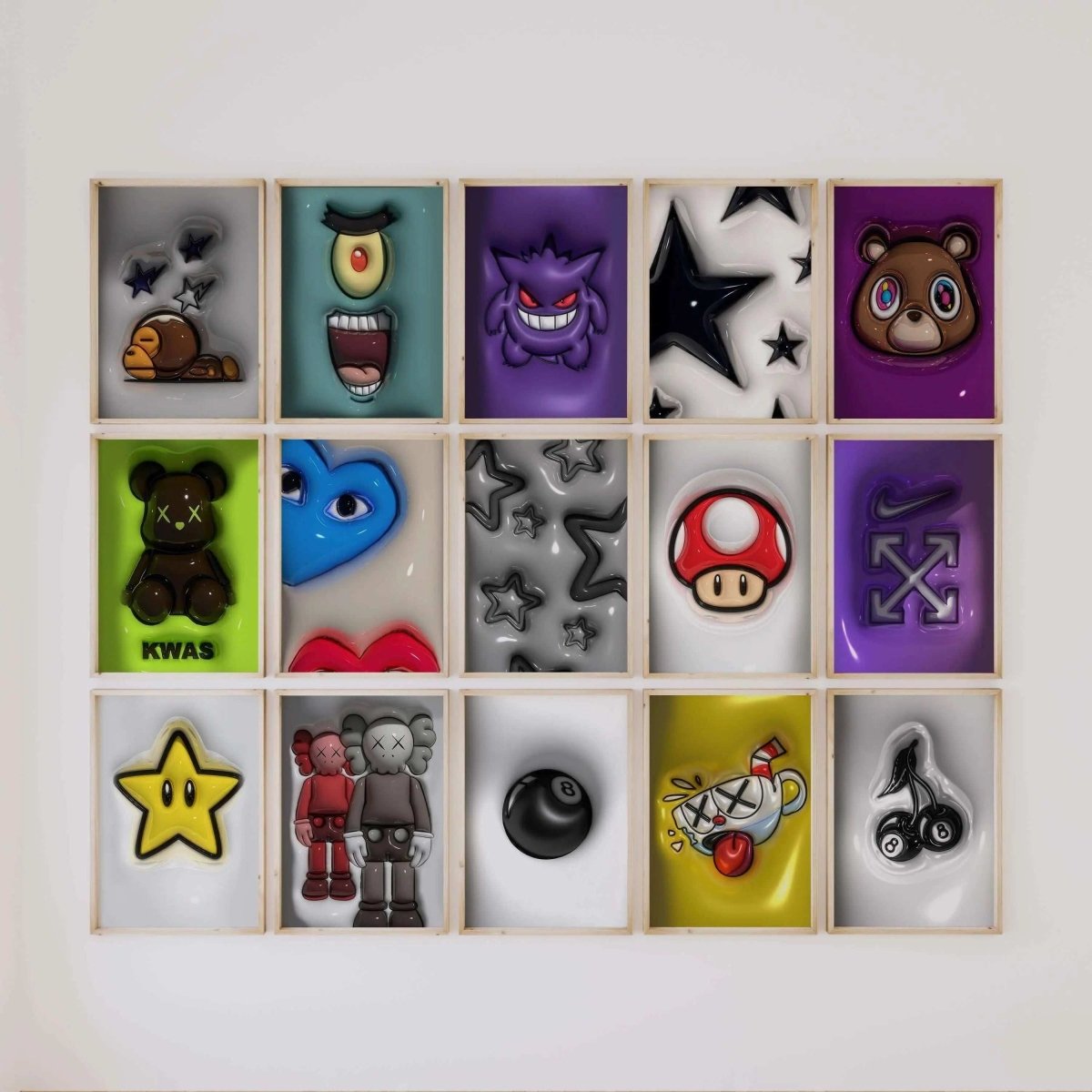 3D Art Hypebeast Poster Set of 54 featuring vibrant sneaker art and streetwear designs in framed prints for modern wall decor, Haus of Prints.