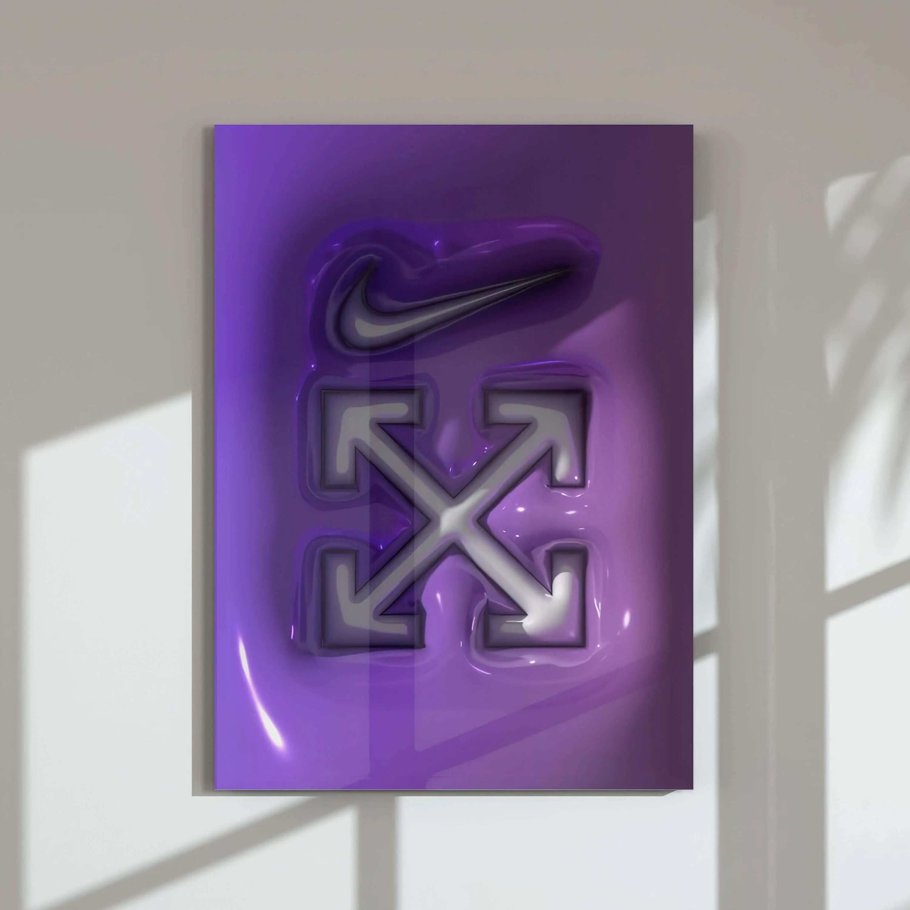 3D Art Hypebeast Poster Set of 54 featuring glossy purple Nike and arrow design digital wall art in modern living room — Haus of Prints.