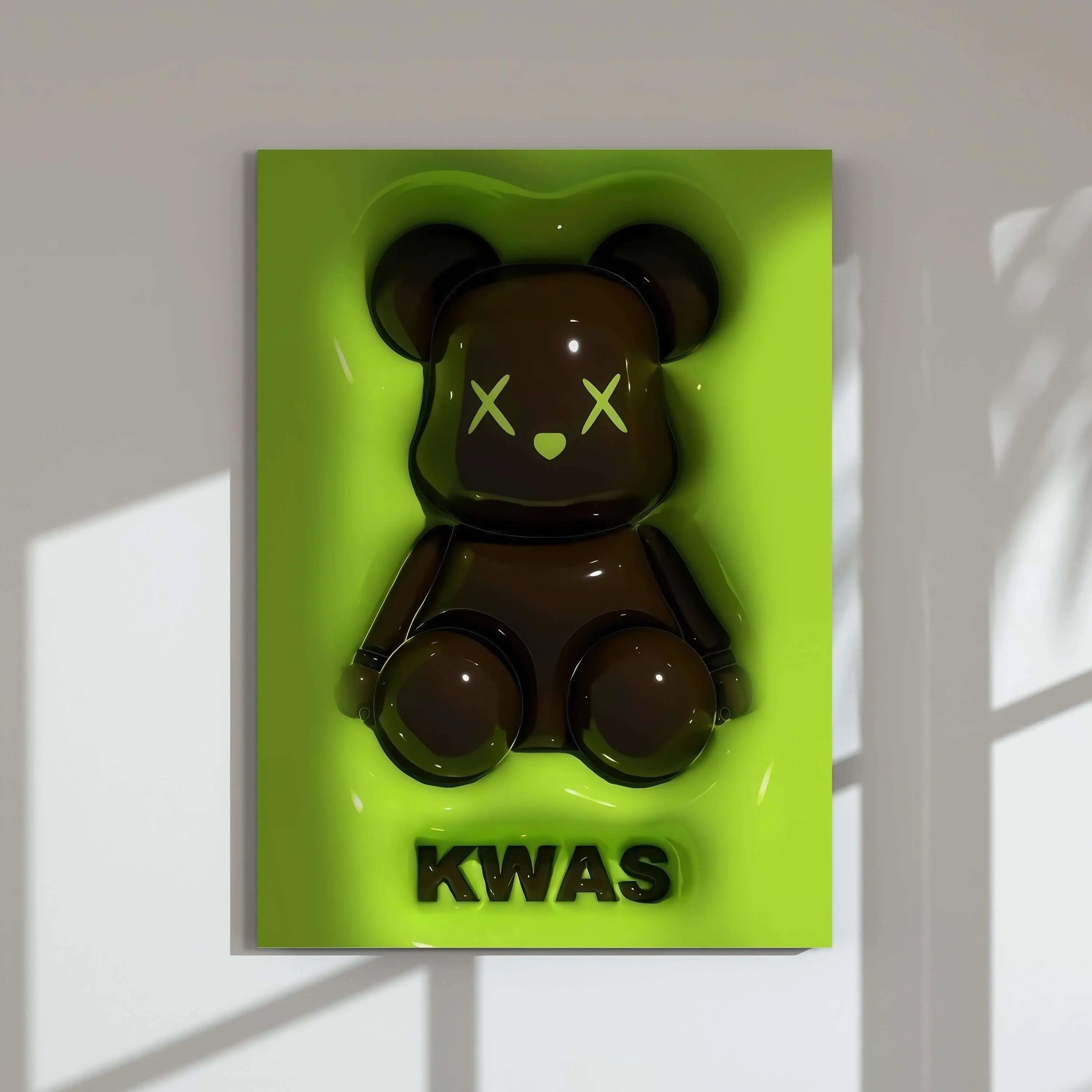 3D Art Hypebeast Poster Set of 54 featuring glossy brown bear figure with green backdrop, vibrant digital wall art, printable modern wall decor, Haus of Prints.