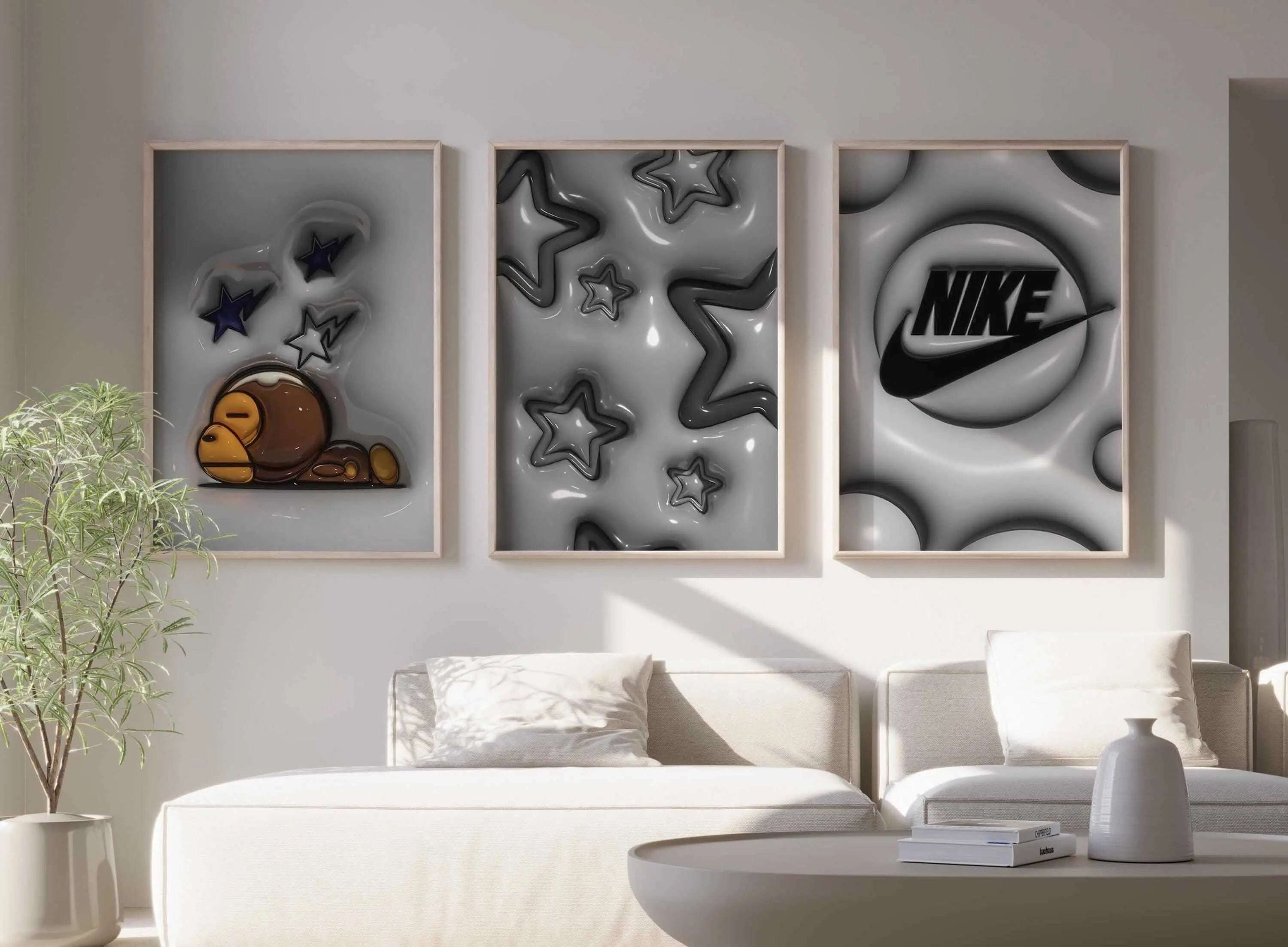 3D Hypebeast Cool Room Decor Set of 12 featuring sneaker and streetwear digital wall art in a modern living room — Haus of Prints.