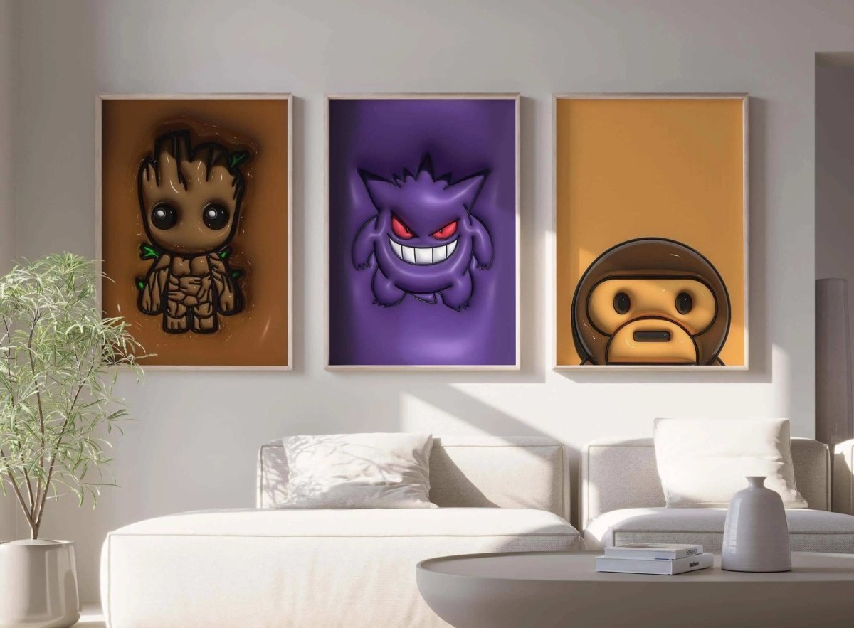 3D Urban Wall Art Print Set of 12 featuring vibrant, framed digital wall art with urban streetwear and pop culture themes in a modern living room — Haus of Prints