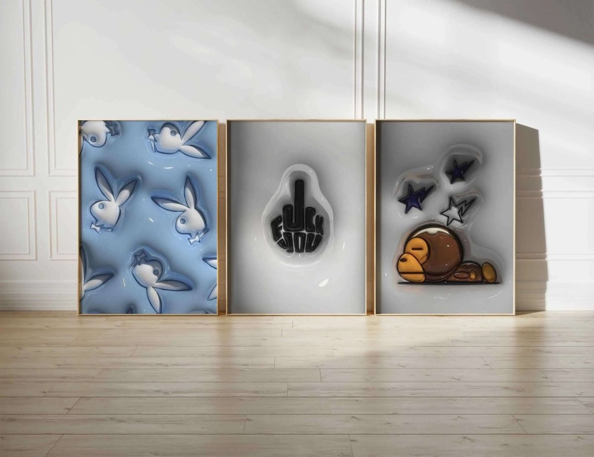 3D Urban Wall Art Print Set of 12 featuring bold digital art prints with streetwear and urban themes in a modern living room — Haus of Prints.