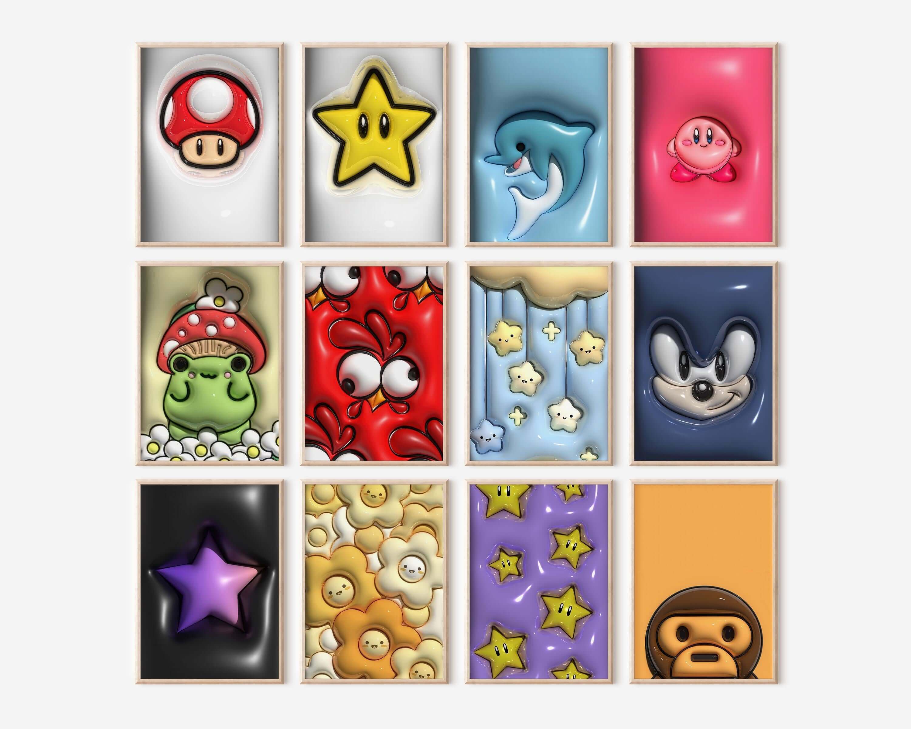 Colorful 3D wall art poster set featuring iconic gaming characters and symbols in a stylish grid layout.