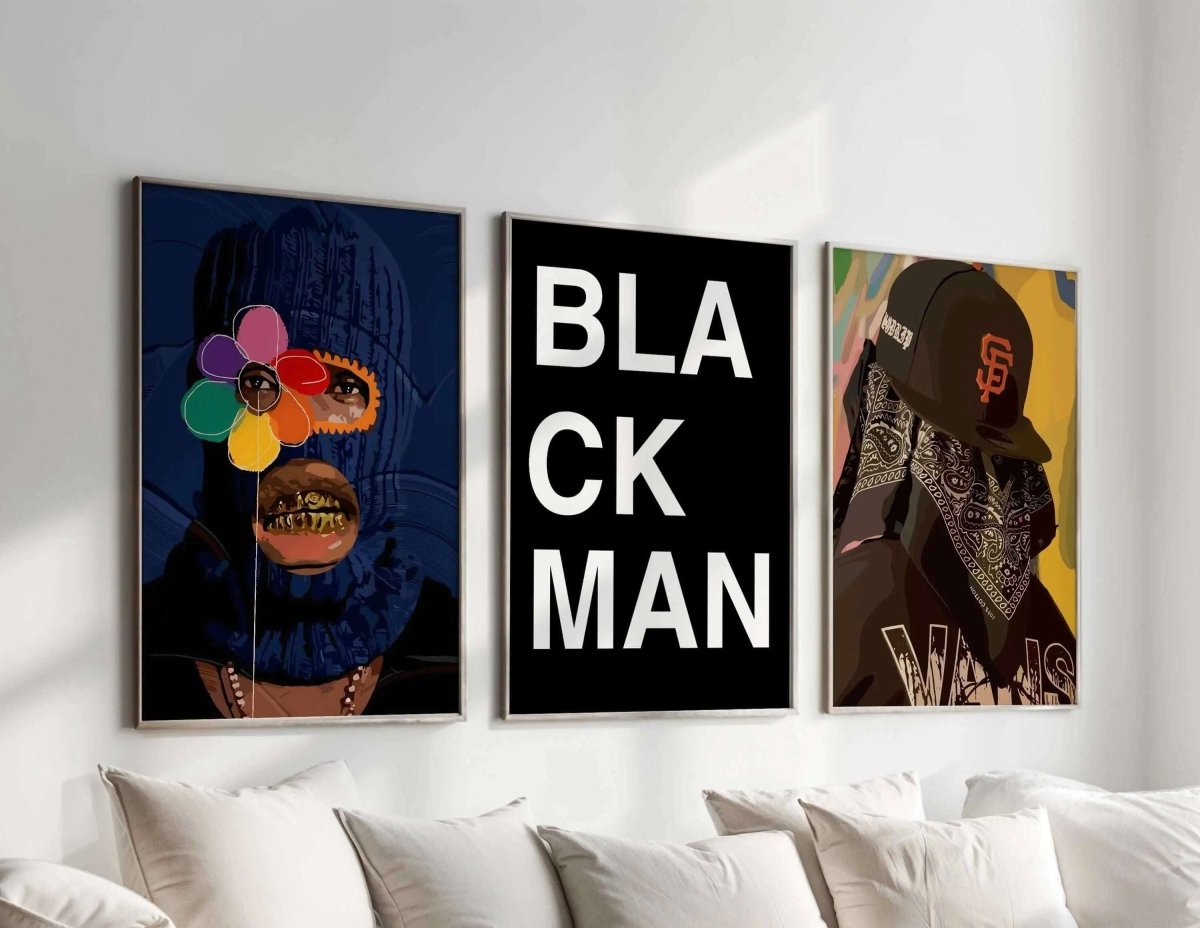 Abstract Black Man Wall Art Set of 12 featuring Afrocentric designs and bold typography in framed digital wall art above a modern sofa — Haus of Prints.