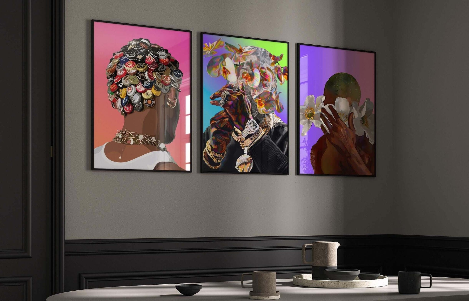 Abstract Flower Black Men Wall Art Set of 3 - Haus of Prints