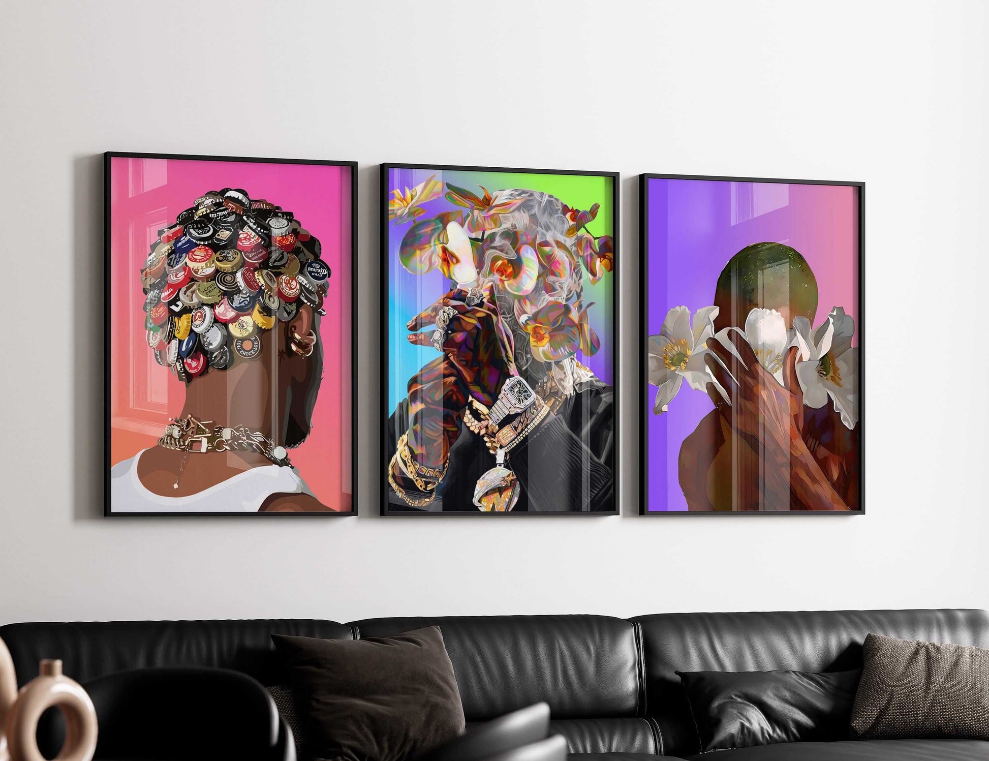 Abstract Flower Black Men Wall Art Set of 3 - Haus of Prints
