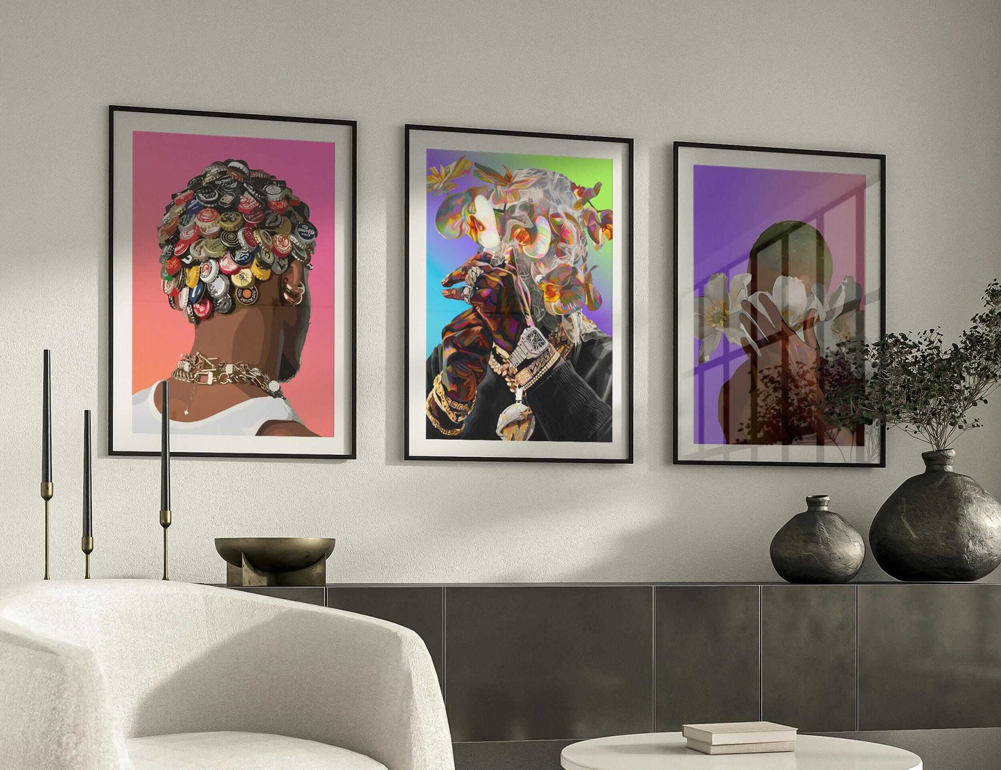 Abstract Flower Black Men Wall Art Set of 3 - Haus of Prints