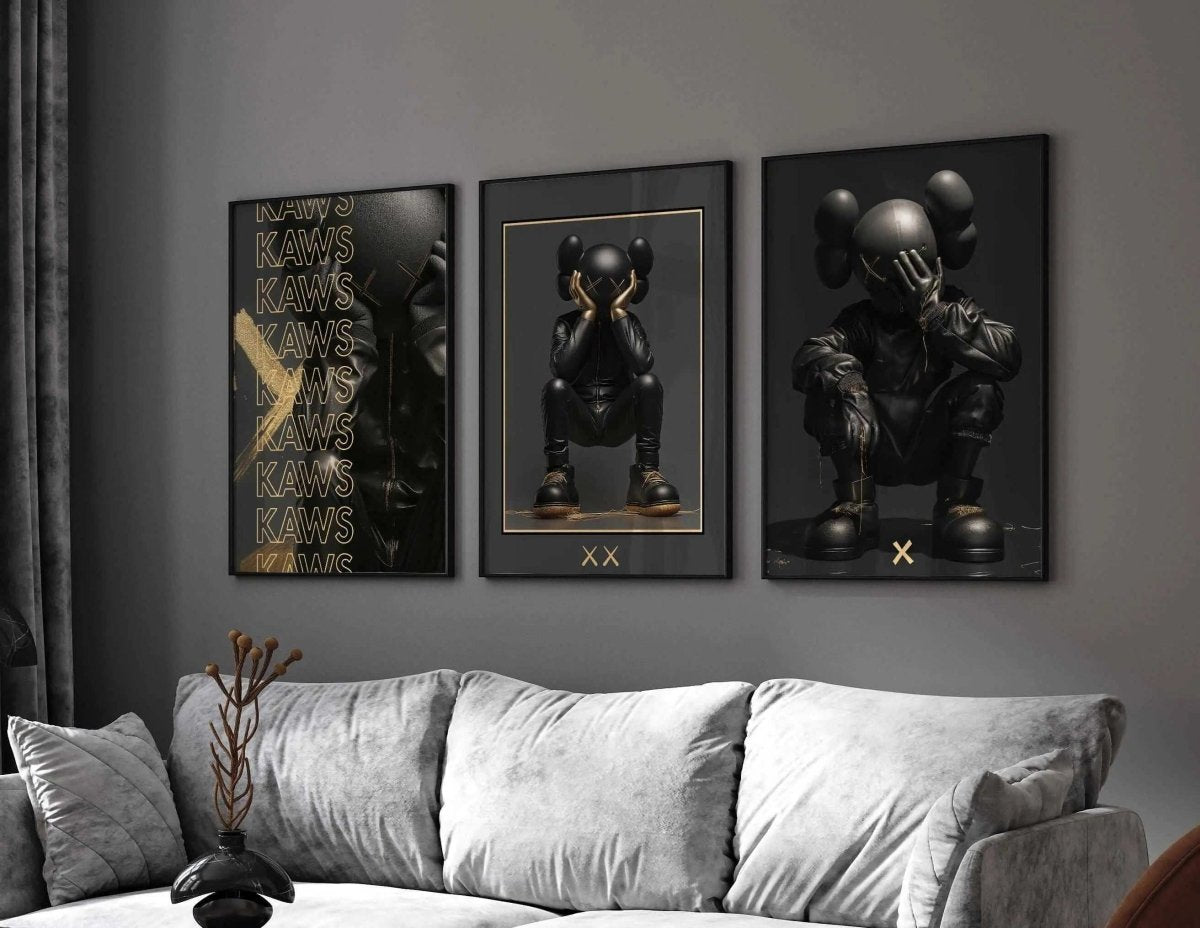 Abstract Gold Hypebeast Poster Set of 3 in black and gold printable art framed above a grey sofa in modern living room — Haus of Prints