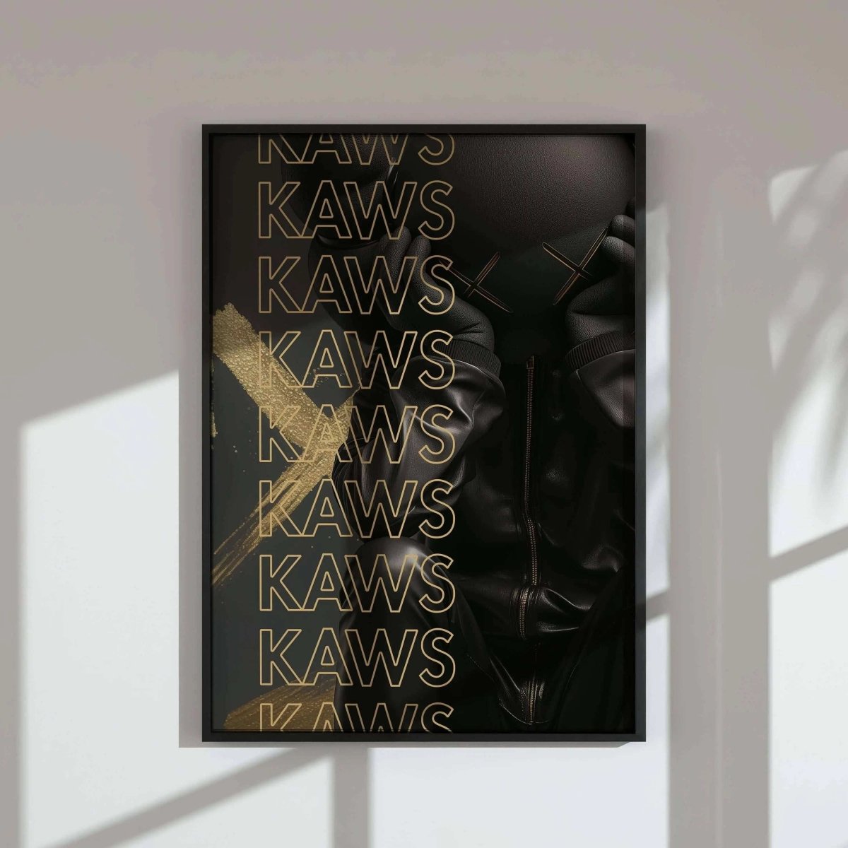 Abstract Gold Hypebeast Poster Set of 3 featuring bold digital wall art with gold accents in a modern living room, Haus of Prints.