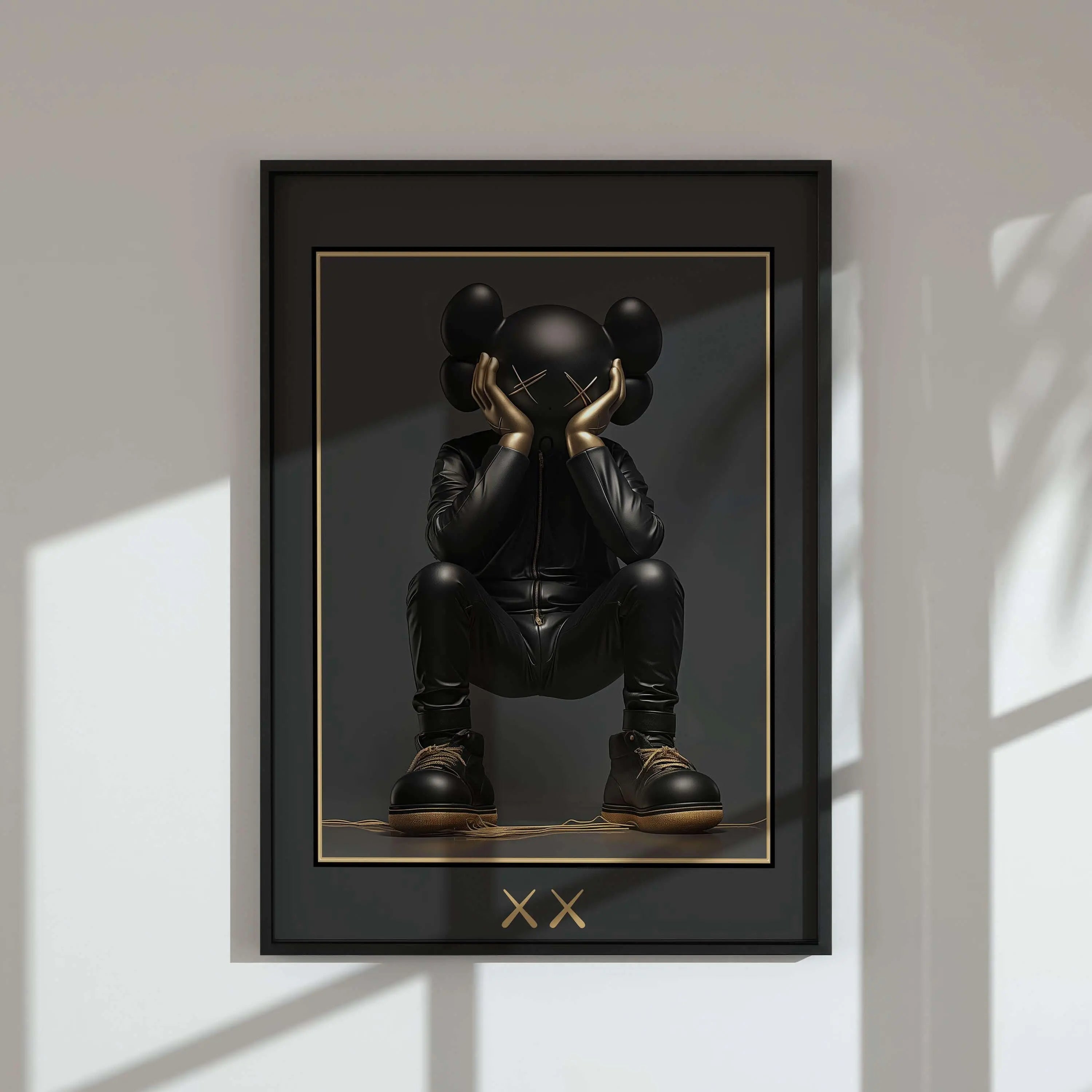 Abstract Gold Hypebeast Poster Set of 3 featuring black and gold sneaker art in framed digital wall art for modern living room by Haus of Prints.